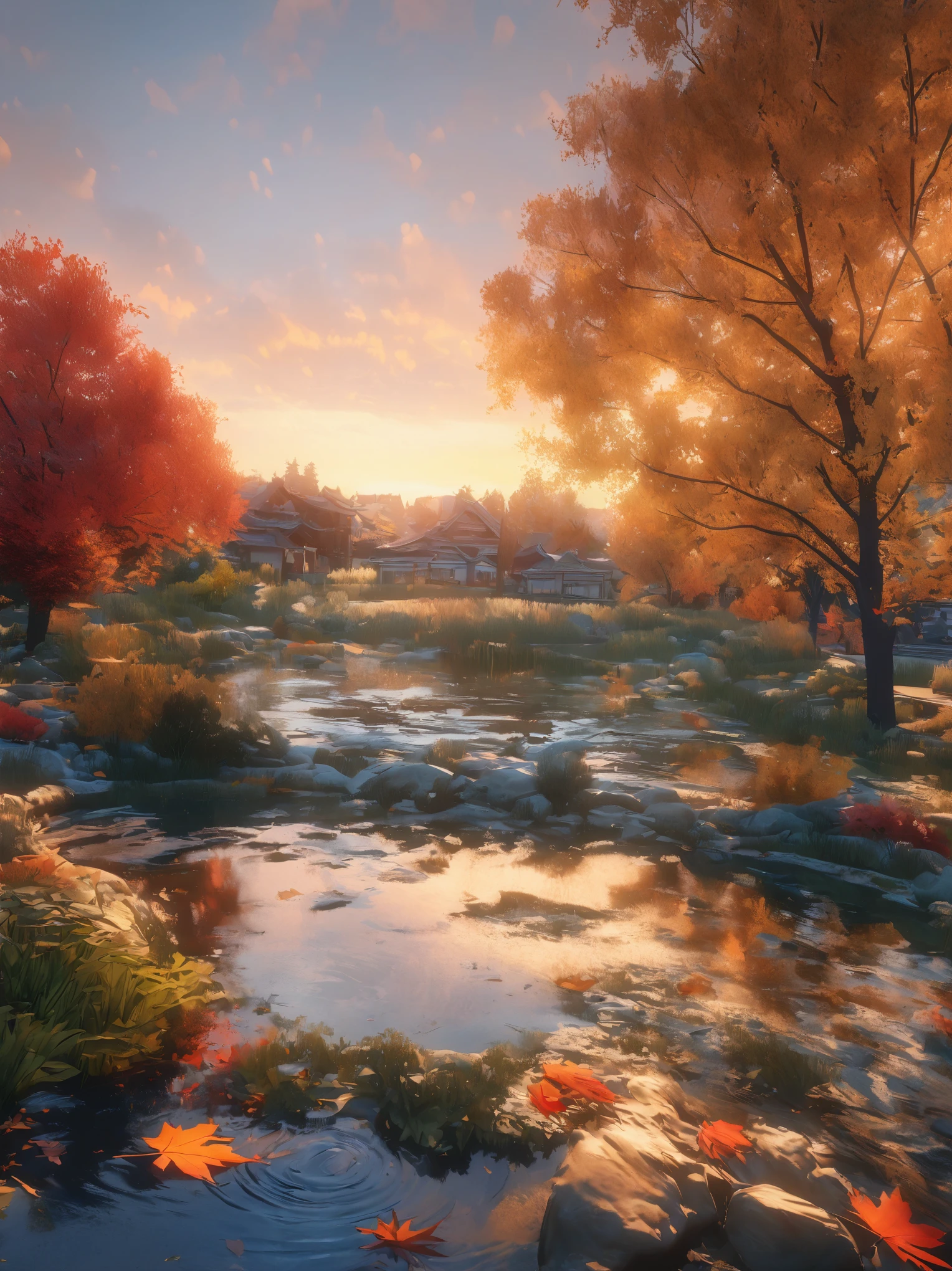 DIY16，best quality, Ultra HD, masterpieces, 8K, Practical, Anime style, 3D Rendering，(Pond in the evening:1.2), (8K, best quality, masterpiece:1.2), (Ultra-high resolution:1.0), Extremely bright design, Soft colors, (ink:1.3), Autumn Lights, High Detail, dramatic, photoPractical painting art
