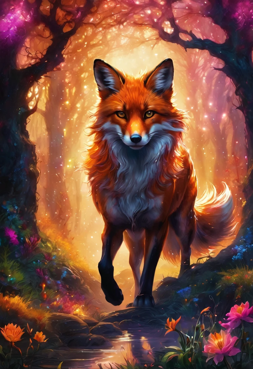 [Rewritten Input]
Spirit-Animals, foxes, colourful flowers, Distinguished quality, high-resolution, exceptional masterpiece:1.2, meticulously detailed, authentic:1.37, horror-themed, blazing magical flames, otherworldly flora, fiery conflagration, luminescent foliage, enchanted garden, mystical ambiance, ominous shadows, captivatingly haunting, eerie radiance, intense hues, dark aura, unearthly vines, fiery tendrils, dancing embers, extraterrestrial landscape, ethereal flowers, magical energy, surreal scenery, shadowy figures, enigmatic creatures, mesmerizing illumination, unnatural growth, foreboding presence, smoky haze, flickering light, spectral glow, intense heat, whispering flames, supernatural powers, glowing orbs, mystic spell, eerie ambiance, otherworldly beauty, spectral plants, transcendent vision.