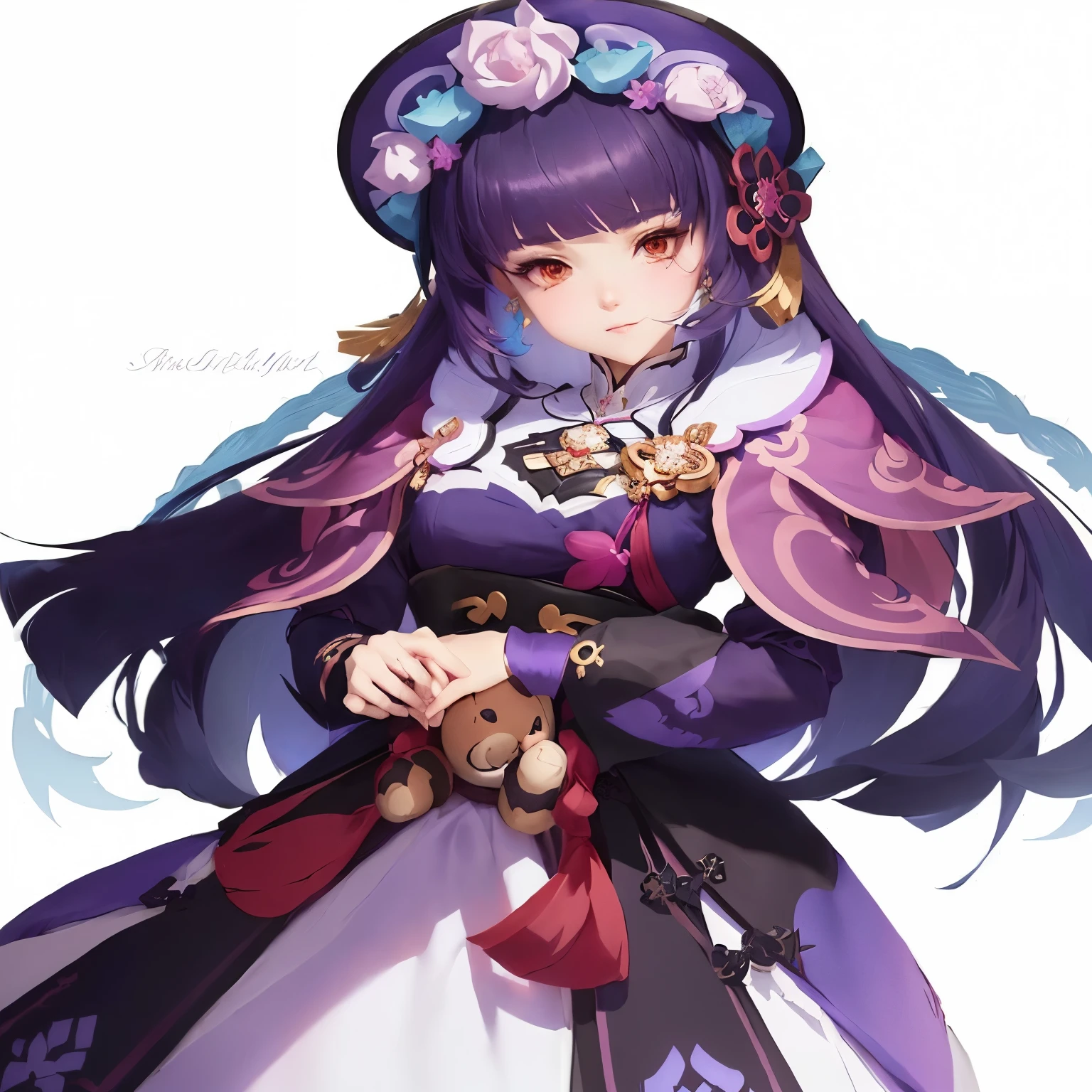 Cartoon image of a woman in a purple dress holding a teddy bear, Shatir from Overlord, Shatir Bloodfall, Onmyoji portrait, Anime cute art style, Ayaka Genshin Impact, Maple Story Character Art, , Onmyoji detailed art, Cute anime girl in a beautiful skirt, Onmyoji