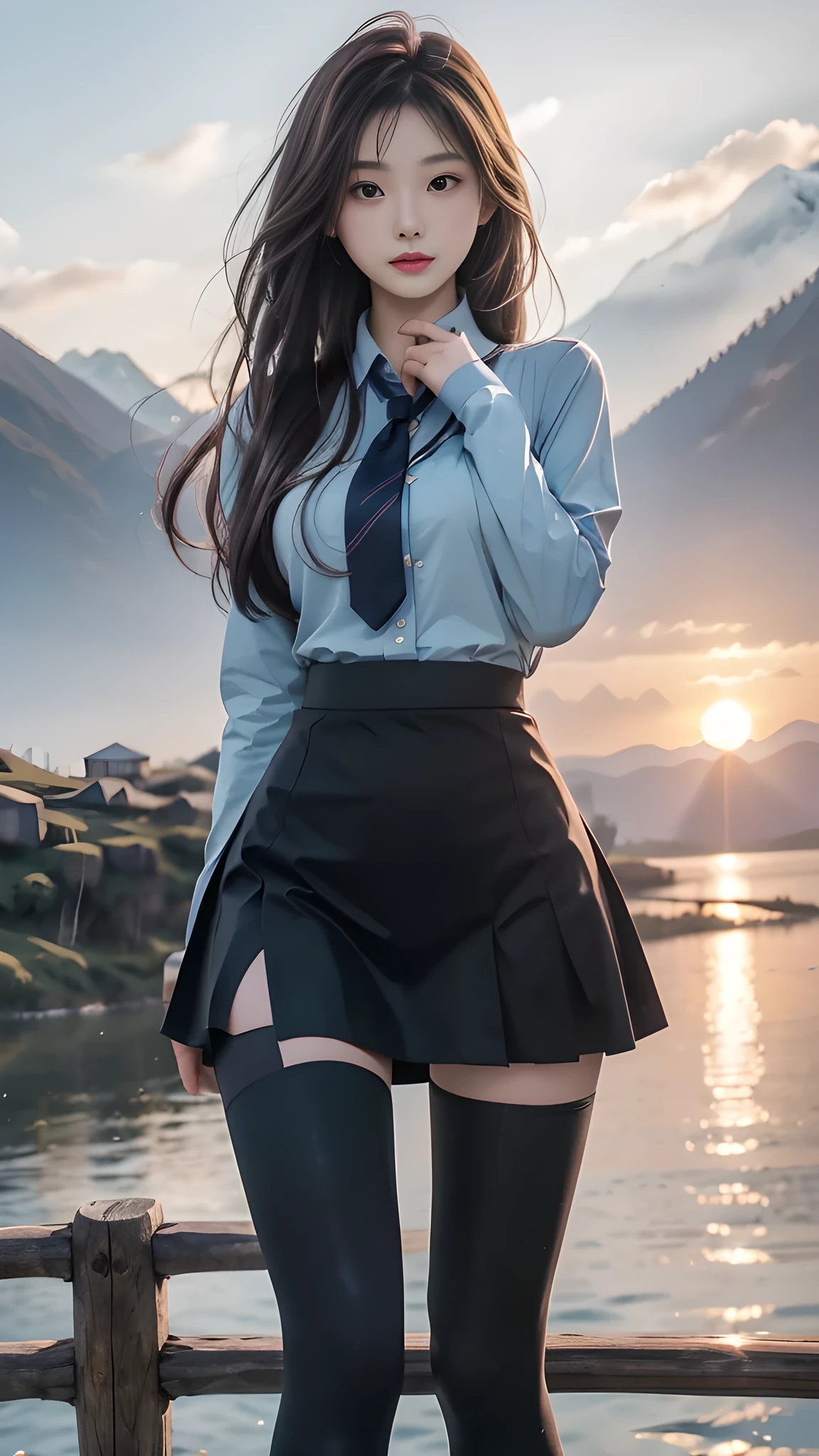 ulzzang-6500-v1.1, (RAW photo: 1.2), (Real photo), (Real photo: 1.4), 1 girl、Perfect anatomy、20 years old、Looking at the camera、Medium length hair、Uniform skirt, watching the sunset, ((in the mountains: 1.1))、(Hyperrealistic tights: 1.2), (Business service)、Asian eyes Ella,