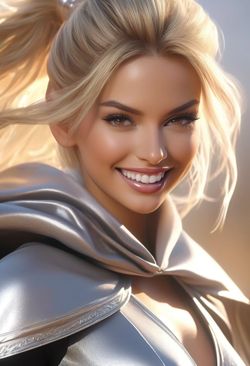 (RAW photo, best quality, masterpiece, ultra-detailed, high res), (realistic),(extremely delicate and beautiful:1), mesmerizing woman with long blonde hair in sleek high ponytail , (((wearing glossy silver cloak fastened at the neck :1.20))), crop top and hotpants , detailed features, smiling expression of feelings, imaginative, highly detailed, extremely high-resolution details, photographic, realism pushed to extreme, fine texture, 4k, ultra-detailed, high quality, high contrast, full body shot