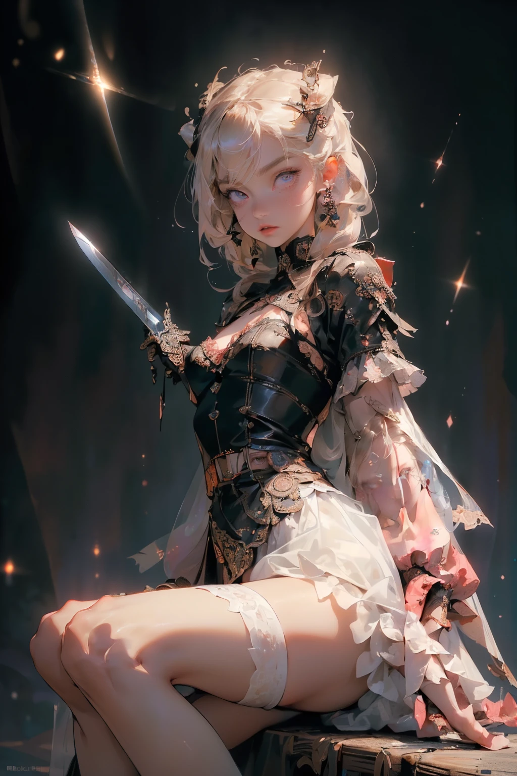 (((masterpiece, of the highest quality, super detailed))), (a female knight of an occult order), ((minimal but intricate beautiful armour)), ((((wielding a sword with a digital glitch-like effect to the blade as though it is rapidly flickering in and out of reality with a very slight warping effect around it like gravitational lensing)))), Fluttering lace flared dress with frilly petticoats, ((((Highly detailed face))), (((Very sharp focused eyes))), very long eyelashes, small breasts, (((flat chest:1.1))), occult aesthetic, (red and white clothing detailed and intricate steampunk and detailed gothic), (with a hood), complex lace boots