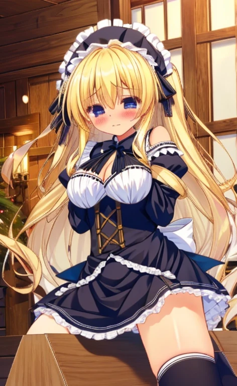 Beautiful long blonde hair　Girl in black maid outfit　Long sleeve　Spread your legs　Shyness　　Watery eye　Tears overflow from my eyes　　Wooden Horse　Hands Behind Back