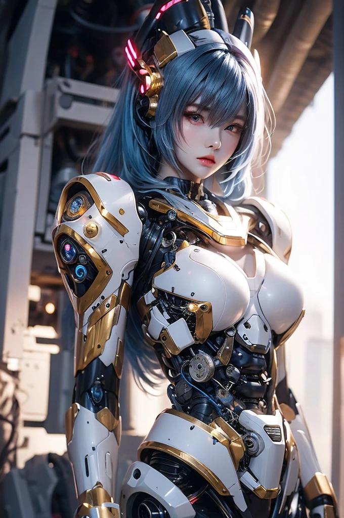 Giant sized cyborg woman, mechanical face, circuits printed on the body, electrical wiring, blue hair, long hair, Fusion style of machine and fantasy female warrior concept,