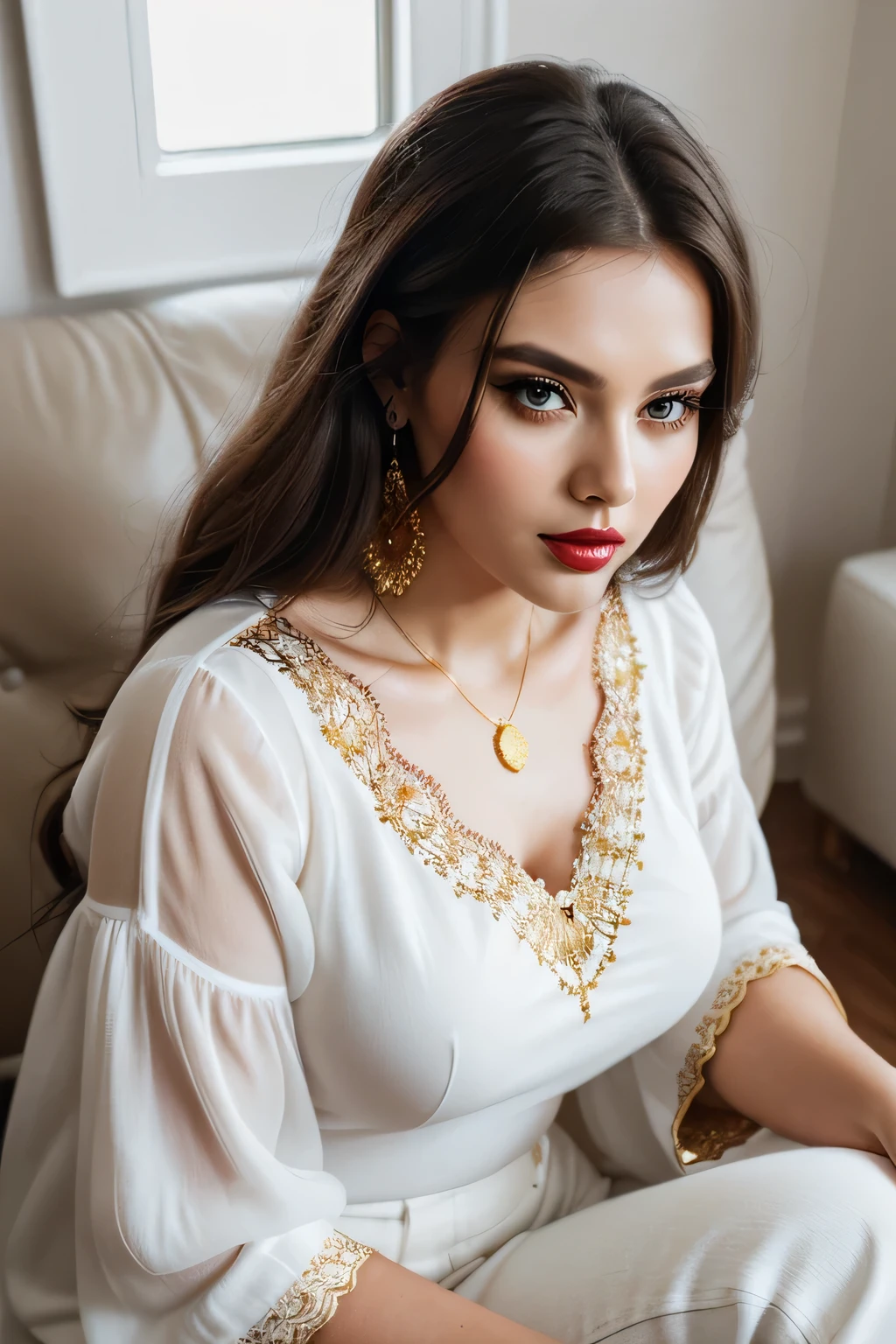incredibly beautiful girl, big beautiful eyes, long fluffy eyelashes, full lips, makeup, sparkling mist, shine, complex hairstyle, medium plus size woman, hyper-realistic, ((An Elegant Woman, Wearing White Blouse, Brown Jeans, Wearing Gold jewelry, sitting on the floor leaning on the sofa, around a stylish, minimalist room, looking at the camera, round face, 8k photo)) full red lips, round face, body art, jewelry, dark background, aesthetic, beautiful , realistic, high resolution, super detailed, professional photo, super detailed, close-up, hyperrealism, masterpiece, embroidery, lace, hyperrealism, super detail, body art, fashion style, realism, professional photo, work of art - cousin