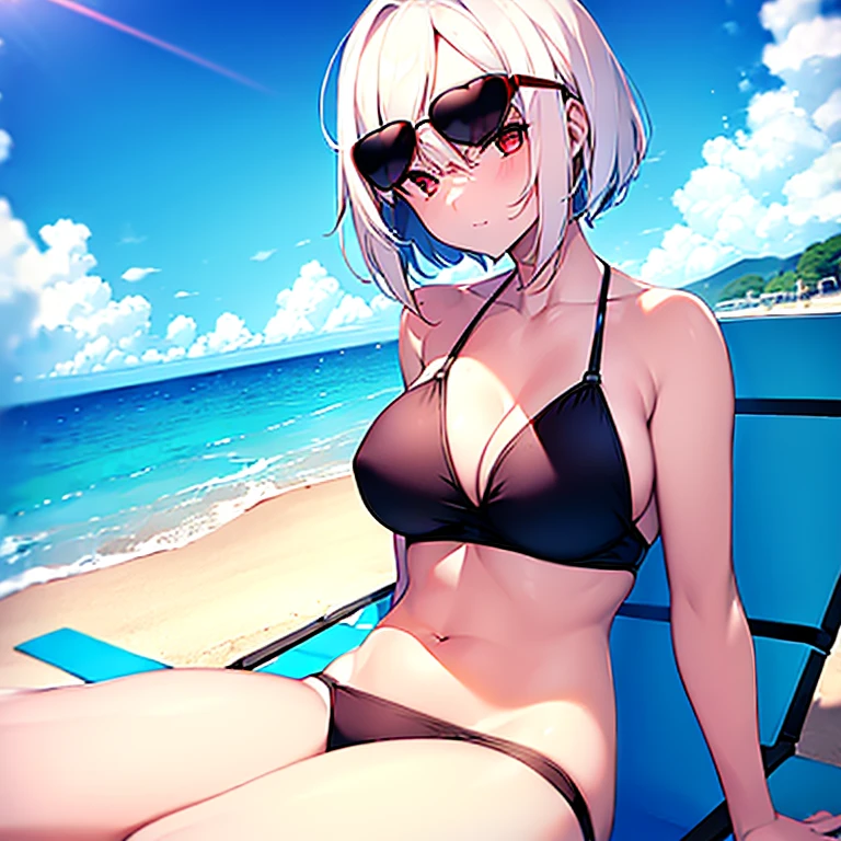(girl)(white short hair)(red eyes)(relaxing)(sunglasses)(swimming)(beach)4K