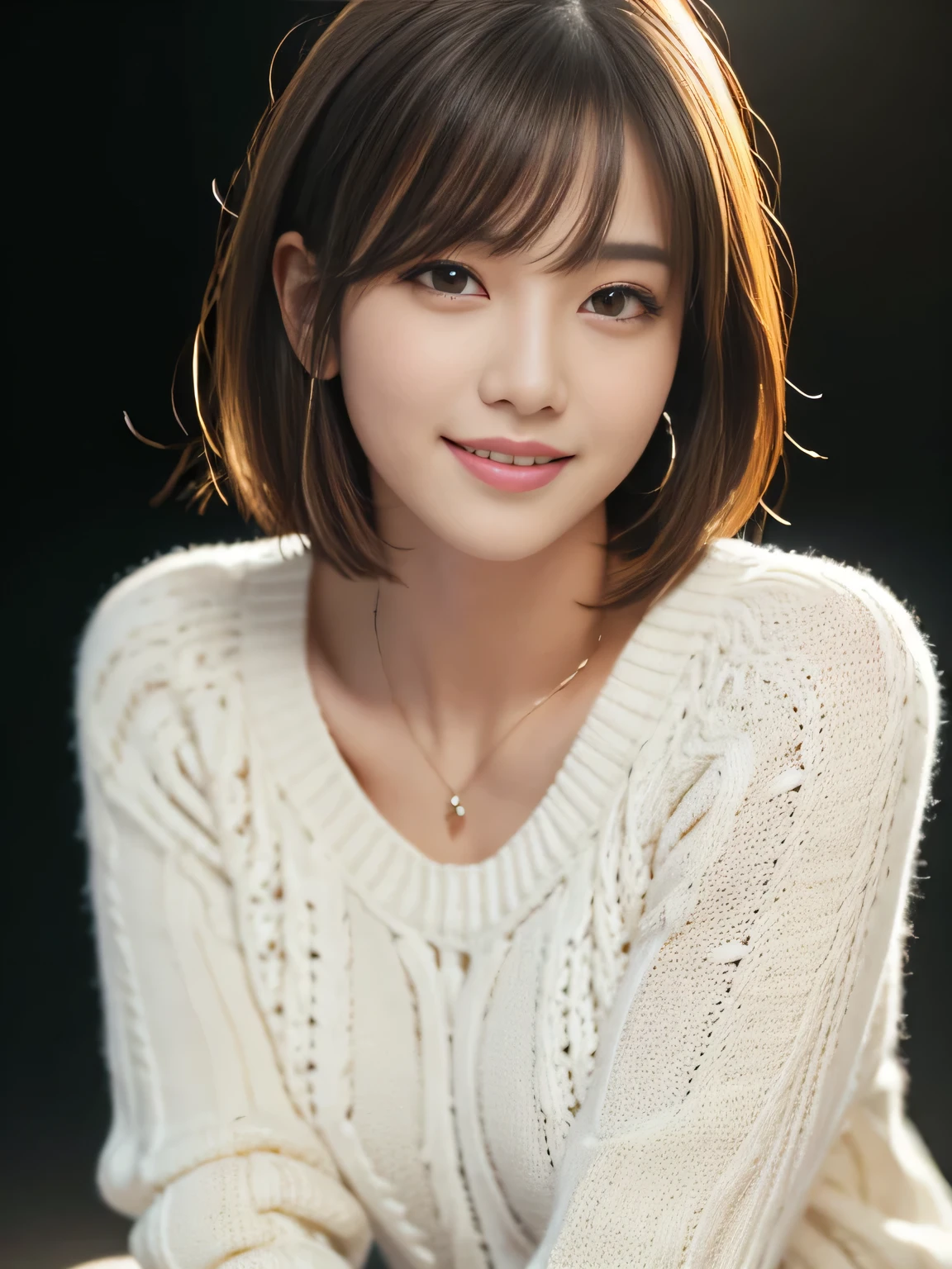 masterpiece, best quality, ultra-detailed, intricately detailed hyperdetailed, realistic, sharp features, highly detailed, sharp focus, 19years old, perfect face, perfect face, perfect symmetrically perfect eyes, perfect full lips, flexible female form, cinematic, film light, hyper detailed, hyper realistic, high resolution, vibrant, dynamic studio lighting, ((Dark background)), (seductive smile), short hair, straight Bangs, brown Eyes, White sweater, cowboy shot,
