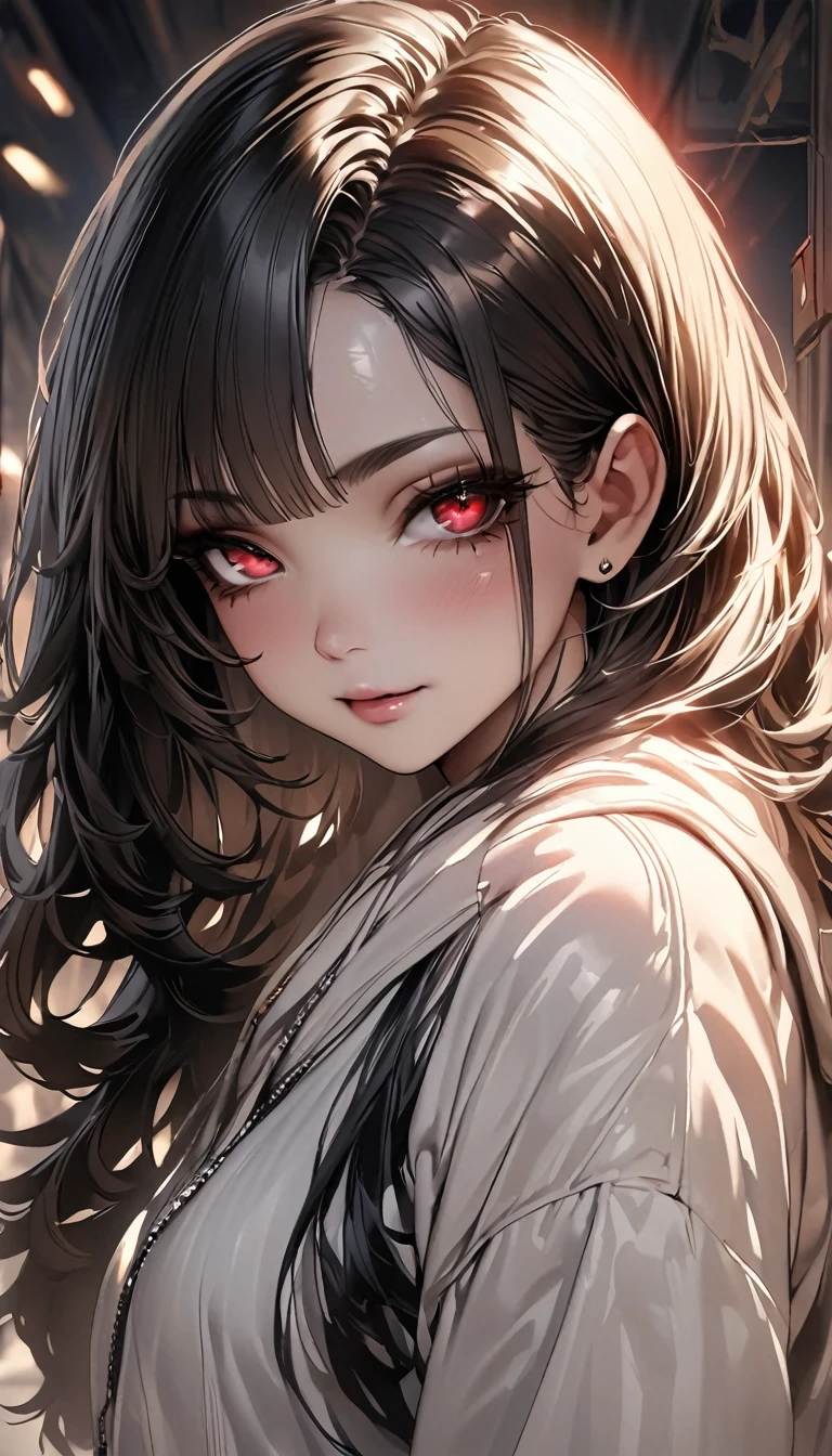 (high quality, 8k, 4K, High Contrast, masterpiece:1.2, 最high quality, Best aesthetics), 1 female, (Realistic skin texture:1.3),Optimal，masterpiece，High resolution，最high quality，Hyper HD，Super detailed one girl,Dark Style, Black Hair, White skin, Red eyes, Long Hair, bangs, rtrophto1，Cute Face，，Gradient Beige Hair，