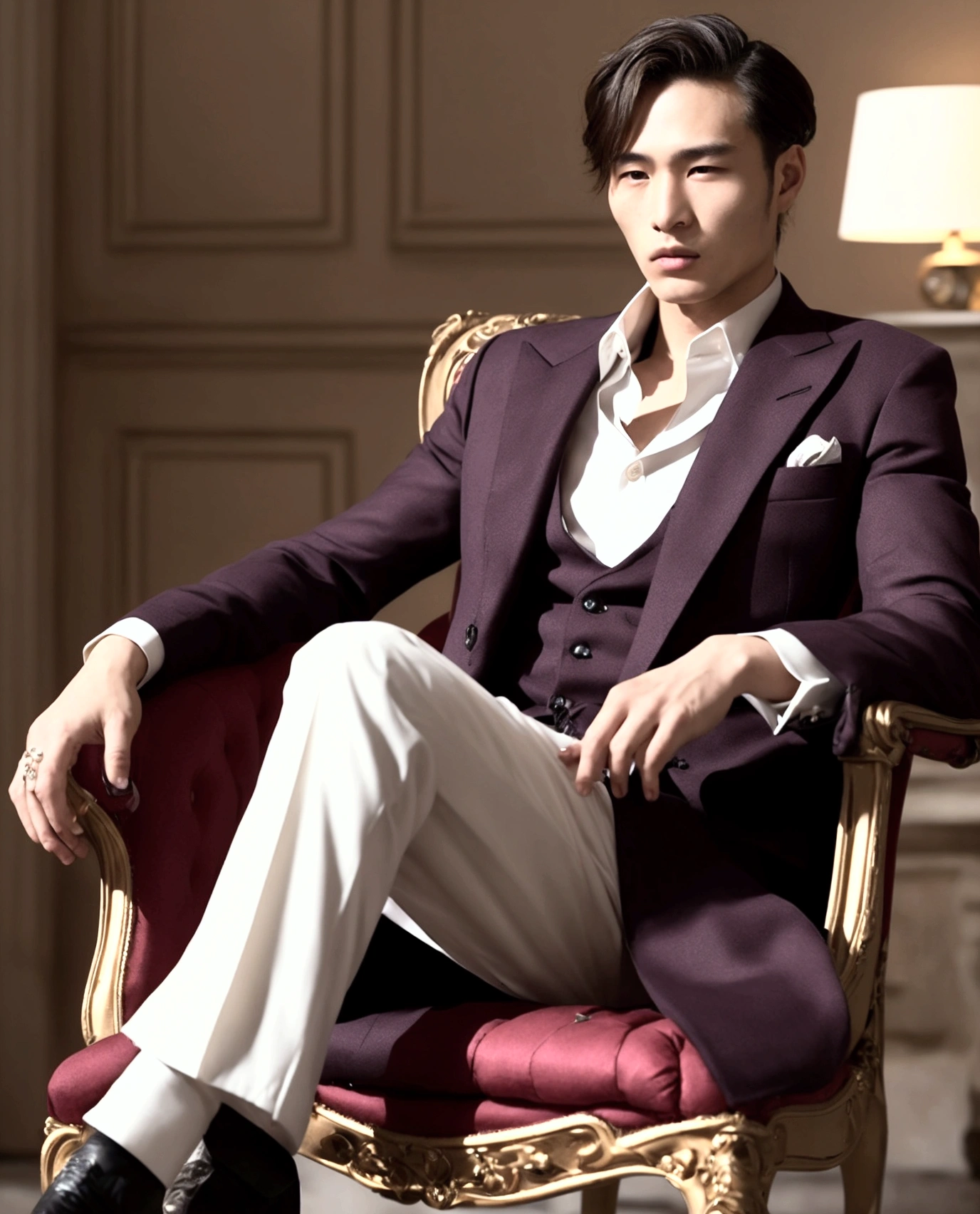 4k、Super Resolution、More realistic、Mafia Boss、Blonde、Burn scars on the right side of his face、Red bean-colored suit、sitting with one's legs crossed in a plush chair、
He has a cigarette in his right hand、