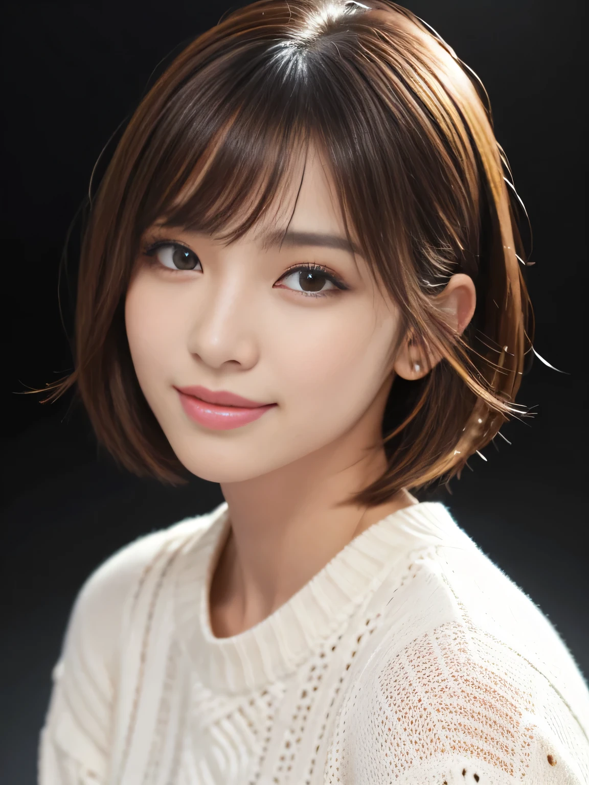 masterpiece, best quality, ultra-detailed, intricately detailed hyperdetailed, realistic, sharp features, highly detailed, sharp focus, 19years old, perfect face, perfect face, perfect symmetrically perfect eyes, perfect full lips, flexible female form, cinematic, film light, hyper detailed, hyper realistic, high resolution, vibrant, dynamic studio lighting, ((Dark background)), (seductive smile), short hair, straight Bangs, brown Eyes, White sweater, cowboy shot,