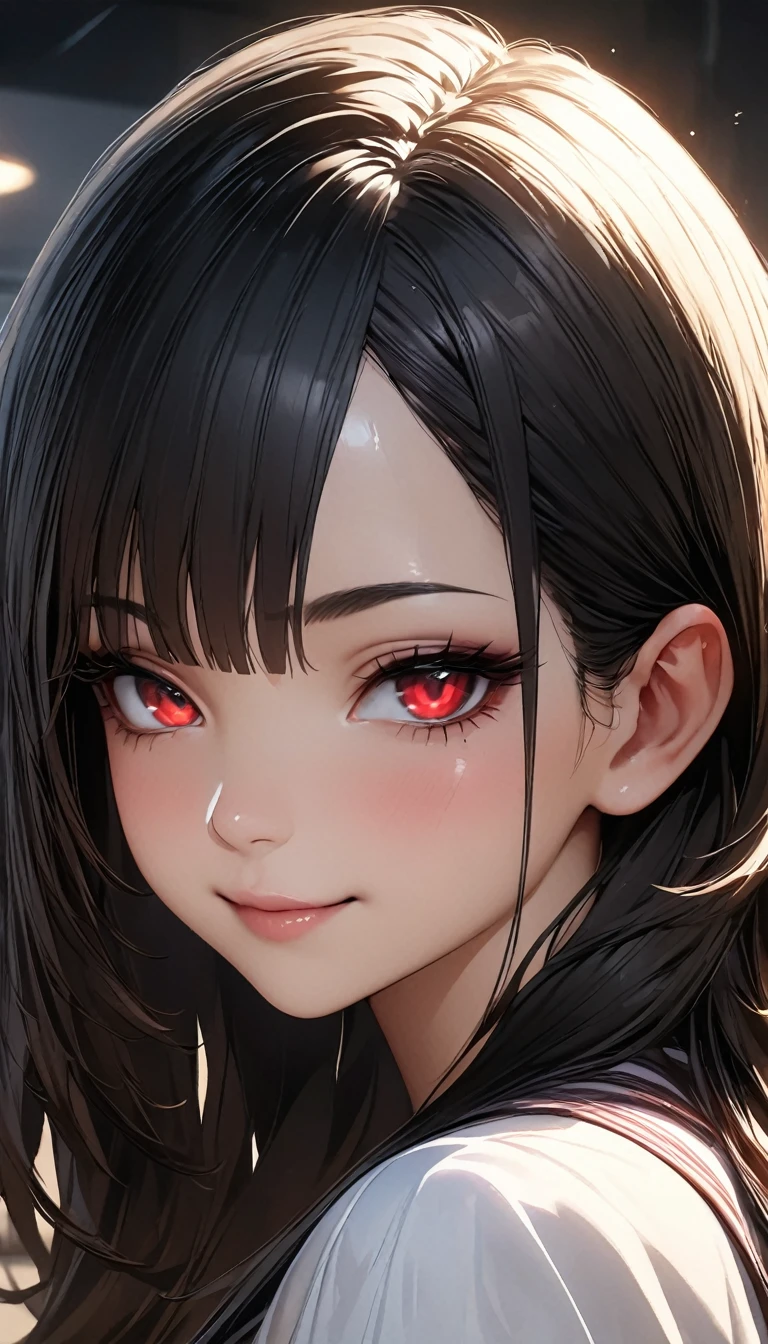 (high quality, 8k, 4K, High Contrast, masterpiece:1.2, 最high quality, Best aesthetics), 1 female, (Realistic skin texture:1.3),Optimal,masterpiece,High resolution,最high quality,Hyper HD,Super detailed one girl,Dark Style, Black Hair, White skin, Red eyes, Long Hair, bangs, rtrophto1,Cute Face,,Gradient Beige Hair,