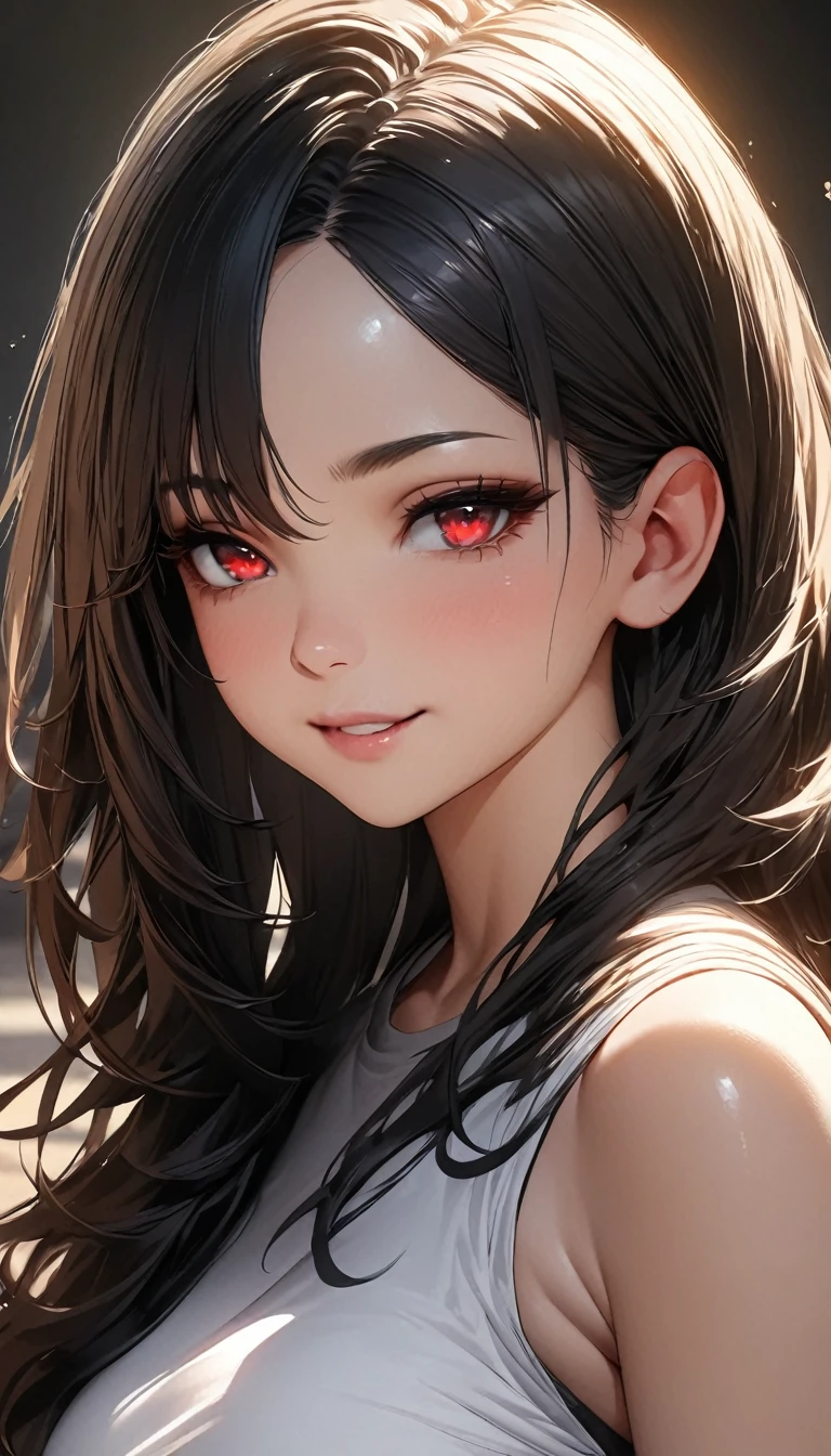 (high quality, 8k, 4K, High Contrast, masterpiece:1.2, 最high quality, Best aesthetics), 1 female, (Realistic skin texture:1.3),Optimal,masterpiece,High resolution,最high quality,Hyper HD,Super detailed one girl,Dark Style, Black Hair, White skin, Red eyes, Long Hair, bangs, rtrophto1,Cute Face,,Gradient Beige Hair,