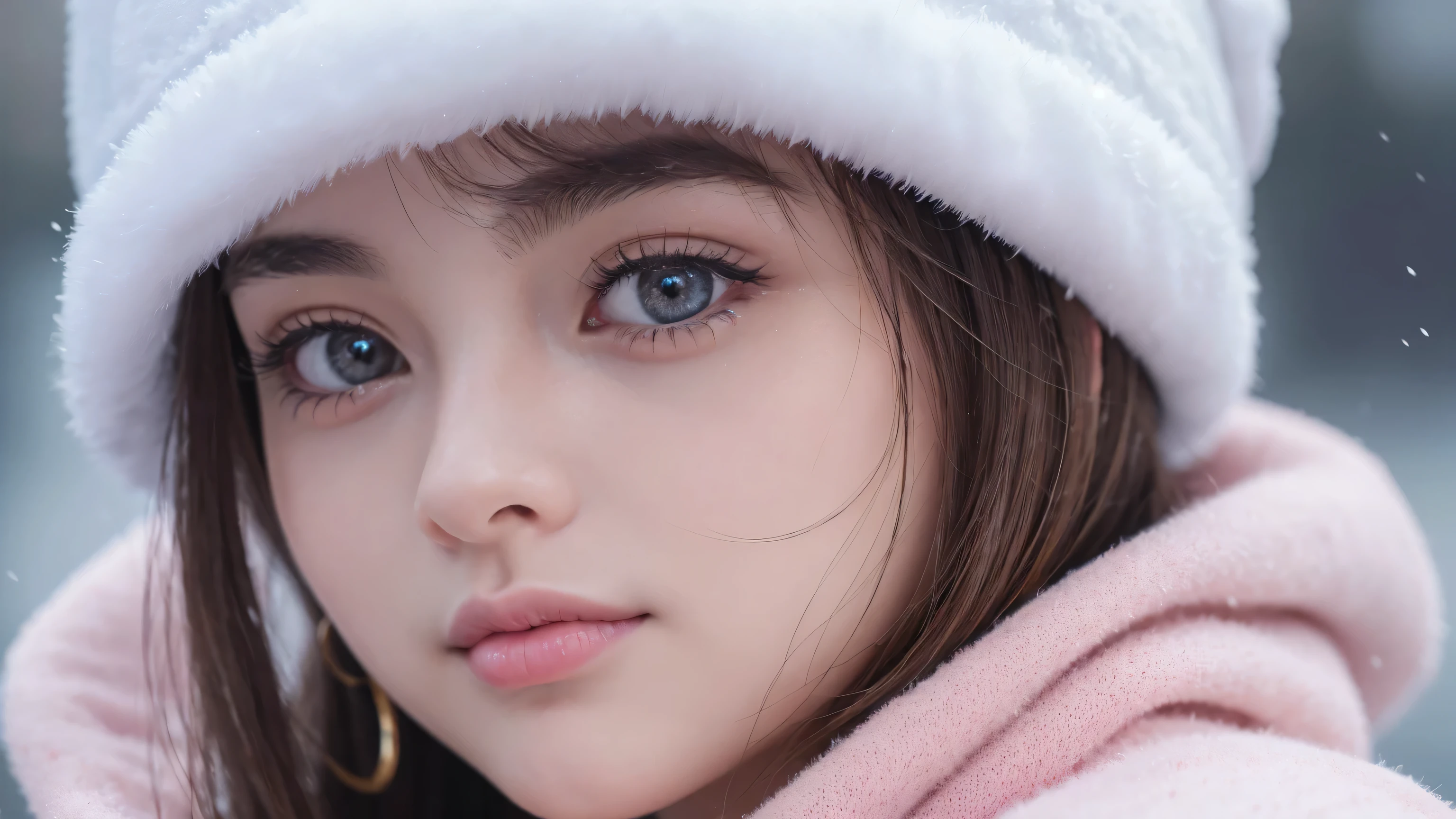1 girl, beautiful detailed eyes, beautiful detailed lips, extremely detailed face, long eyelashes, pink blush, water color eyes, winter hat, closed mouth, hoop earrings, jewelry, looking at viewer, shirt, simple background, solo, upper body, yellow shirt, (best quality,4k,8k,highres,masterpiece:1.2),ultra-detailed,(realistic,photorealistic,photo-realistic:1.37),winter sports, miku, masterpiece