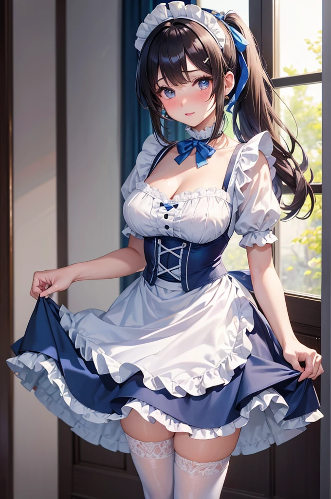 Arafed image of a beautiful girl dressed as a maid and white stockings posing for a photograph, anime girl, royal blue maid uniform with miniskirt and ruffles, short sleeves, choker with a blue bow, white apron, low-cut chest, large round breasts, colored inner hair, dark brown hair, bangs, long hair, ponytail, wavy hair, swept bangs, shiny hair, hairclip, hair ribbon, maid headdress, butterfly hair ornament, aqua eyes, glowing eyes, pupils sparkling, earrings, shy, blush, red lips, glossy lips, teeth, nose blush, embarrassed, (standing, modern mansion, skirt lift), full body, defined and perfect body, high detail, anime, anime style, chiaroscuro, depth of field, dithering, image fill, framed, wide shot, panorama, perspective, lens flare, Wide-Angle, f/1.8, 85mm, Nikon, 8k, super detail, UHD, retina, masterpiece, accurate, anatomically correct, high details, best quality, highres, 1080P, 16k