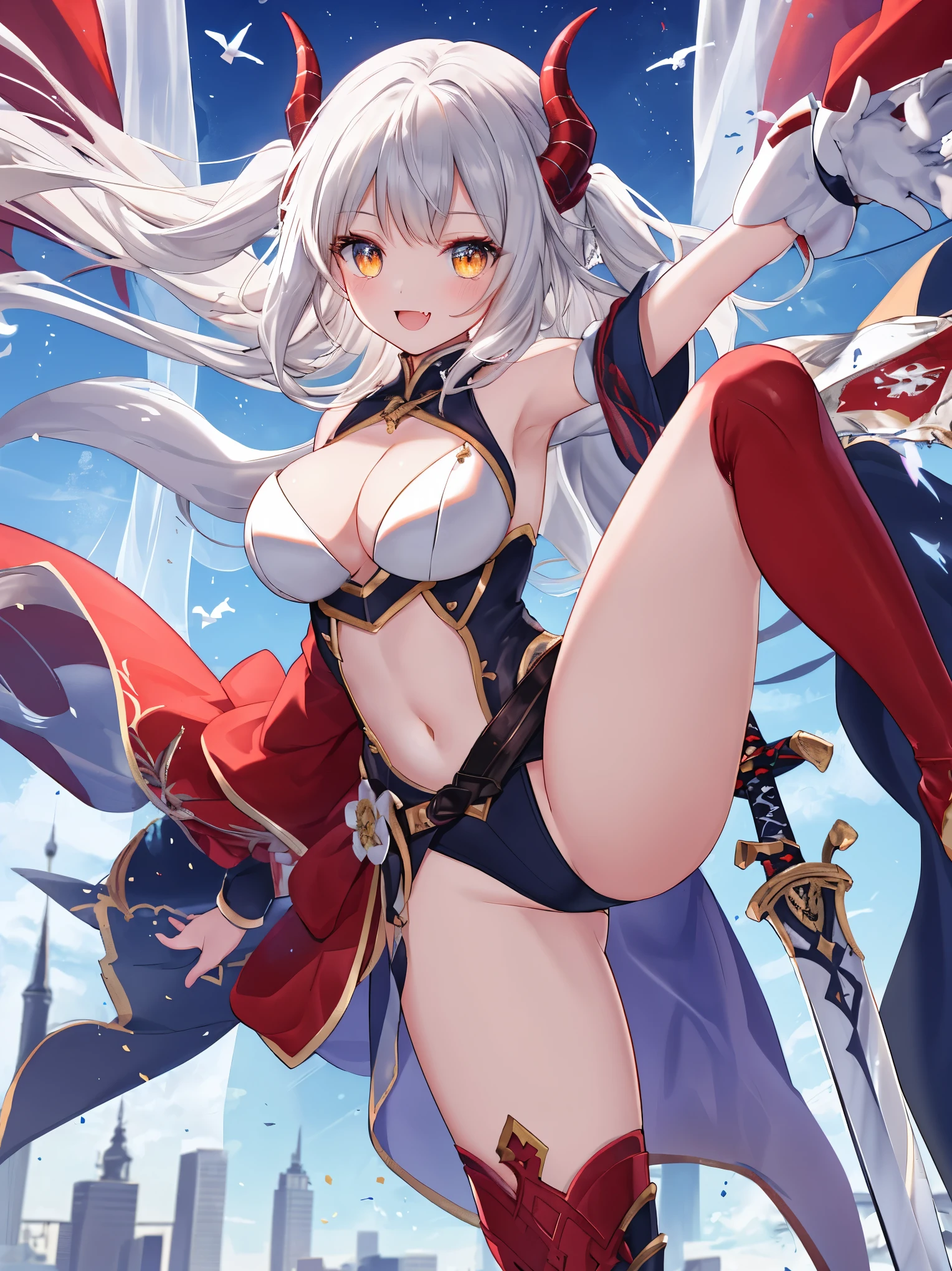 fantasy, 1devil_girl, low_, platina_blond_hair,long_bangs,, bare_shoulder, navel out, thighhighs,silver_armor, red_clothes,waist_armor, Glebe, hold_swords, large_breasts, dynamic_flying_pose,Floating,(pelvic_curtain:1.3), silver_Headgear ,looking_down_at_sunrise_city_sky_background,,slightly_spread_legs, some_swords,some_swords_floating_around_the_girl,solo,horn ,smile,,open_legs,open_arms,rise_knee,rise_leg,rise_thigh,rise_leg,forward_leaning_posture,apart_legs,fang,Shiny_gold_eyes,crotch