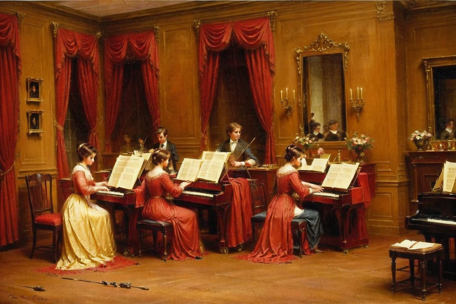 \grand piano\ lesson old master teaches young pale girl old painting 1800's french style room red carpet drapes with tassles