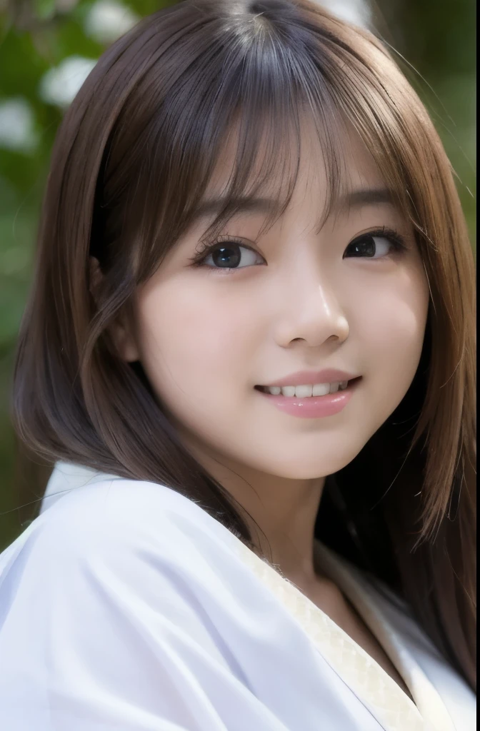 best quality, face focus, soft light, ultra high res, (photorealistic:1.4), RAW photo,(Shinozaki Ai), white skin, kawaii,
1 Japanese girl, solo, cute, (smile), (pupil, lights in the eyes),  detailed beautiful face, Medium-sized breasts,(high resolution detail of human skin texture),(long hair),(portrait), upper body, white traditional kimono, outdoor,