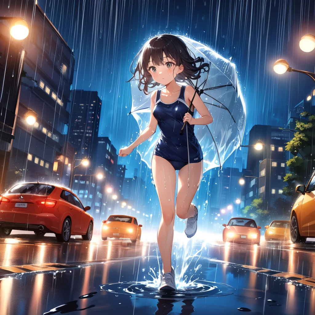 dynamic angle, ultra detailed cute moe anime, In the night city, under the dim glow of streetlights, a torrential downpour is falling heavily. Puddles form, and the roads flow like rivers. Amidst this, a girl in a school swimsuit is sprinting with all their might. The rain hits her skin, enveloping her in a cold embrace. Her hair is soaked, and water droplets stream down her face. The lights from surrounding buildings and cars reflect off the rain.