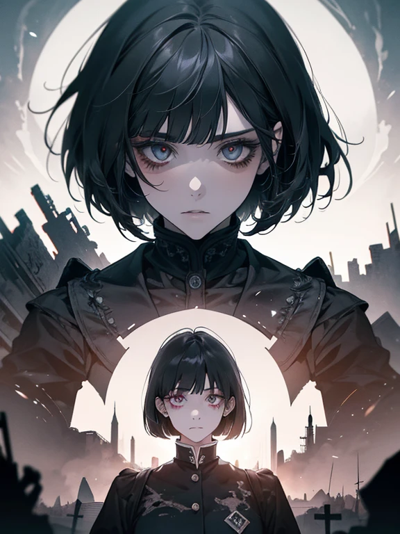 Zdzisław Beksiński style, ink art, High resolution, Ultra-detailed, Highly detailed CG Unity 8k wallpaper, 1 beautiful girl, school_uniform, bob_cut_hair, bangs, Very_beautiful_face, very_beautiful_eyes, even_eyes, Symmetrical, front facing, ruins, Apocalypse, giant creature, god