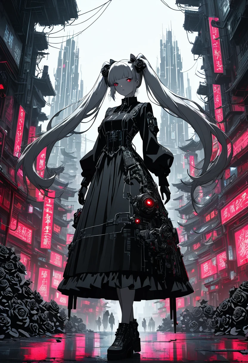 A picture of a girl walking through a cyberspace Chinatown.Chinatown is lined with tall buildings and many electric wires.a beautiful girl with long red twin tails, red eyes, wearing a gorgeous black and white gothic ****ta dress in a cyberpunk style, with many visible mechanisms and red neon lights shining from the clothes, against a pure white background with many black roses, in a bewitching pose, 1girl, robot style black and white barrette, (Landscape paintings with a focus on the background:1.5),(best quality,4k,8k,highres,masterpiece:1.2),ultra-detailed,cyberpunk,gothic ****ta,intricate details,ornate,dramatic lighting,fine details,mechanical,red neon,black roses,high fashion,elegant,alluring,captivating