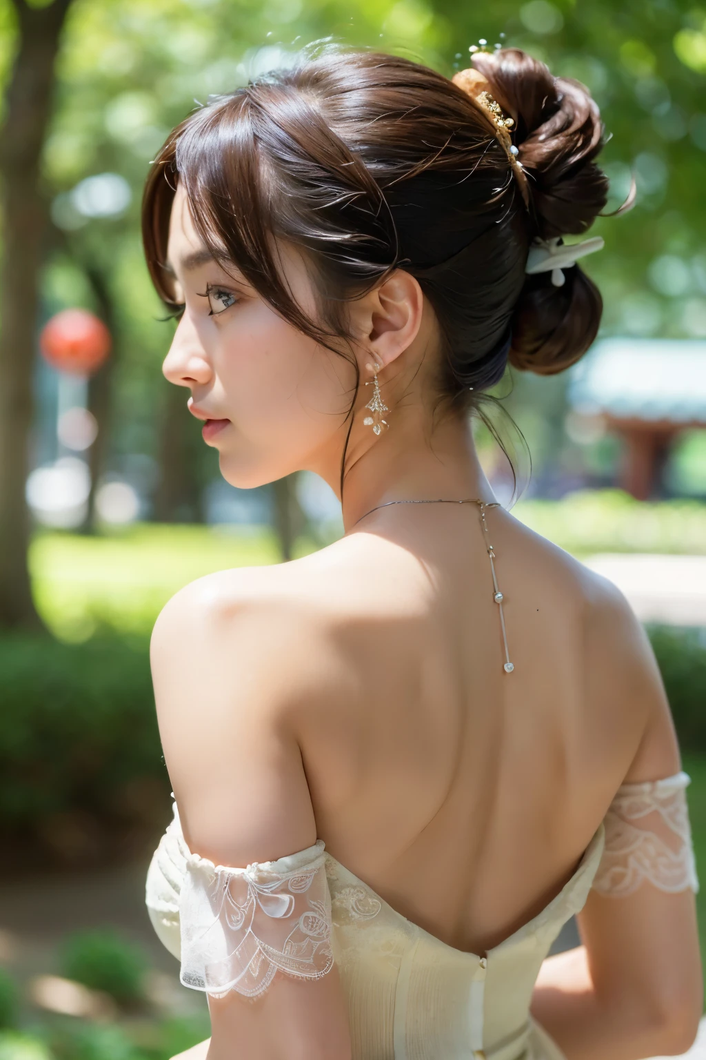 ((Realistic Sunlight, 8k, Top Quality, Masterpiece: 1.3)), Best Quality, Illustration, Ultra-detailed, finely detail, high resolution, 8K Wallpaper, Perfect dynamic composition, Beautiful detailed eyes, (Tight off-the-shoulder knit dress:1.3),((Big breasts)), Natural Color Lip, Random and sexy poses, Tokyo city, Walking, 20 years girl, sweaty skin:1.4, (beautiful detailed face and eyes:1.4),beautiful long hair, Highly detailed face and skin texture, Highly detailed lip texture, Beautiful detailed eyes, Raw Photo, ((Very Delicate and Cute Japanese Girl:1.4)), (1 girl)), Perfect Style, cleavage, necklace, earrings, realistic shadows, ((focus on back:1.6)),nsfw,(from behind:1.8), (Gazing at Something Off-Frame:1.5)
