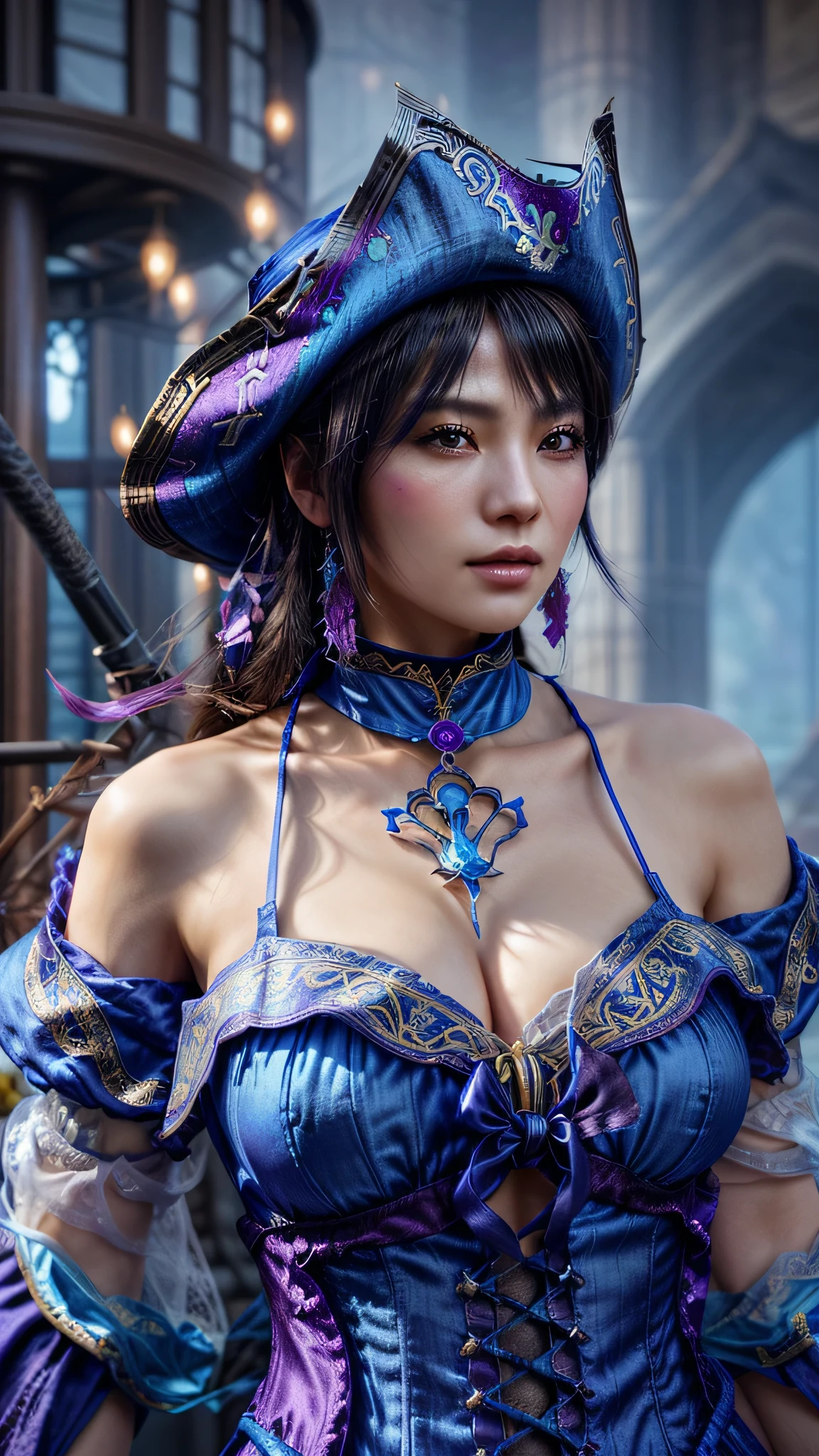 there is a woman in a blue dress and a pirate hat, inspired by Li Mei-shu, Fantasy with 4K detail, seductive mesmer woman, from ncsoft, inspired by Leng Mei, 8k octae render photo, from lineage 2, hyperdetailed fantasy character, mmo, a beautiful fantasy empress, photorealistic rendering of anime girl