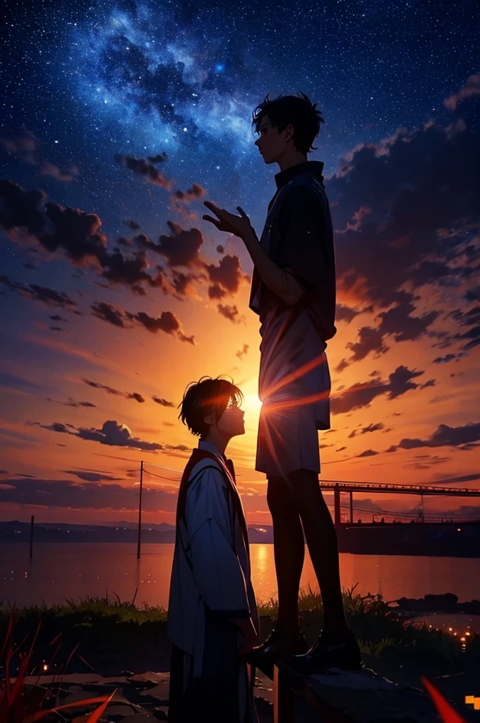 A young man gazing upwards at the sky, captivated by the celestial spectacle unfolding above. On the left, the sky is painted with hues of blue and purple, a soft luminescence of moonlight scattered with a few twinkling stars. On the right, the sun is setting in a blaze of red and orange, casting long shadows and leaving a faint glow on the horizon. The gradient between the two creates a breathtaking blend of colors, a perfect balance of light and darkness.
