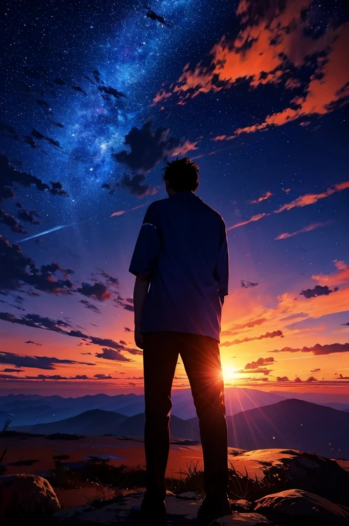 A young man gazing upwards at the sky, captivated by the celestial spectacle unfolding above. On the left, the sky is painted with hues of blue and purple, a soft luminescence of moonlight scattered with a few twinkling stars. On the right, the sun is setting in a blaze of red and orange, casting long shadows and leaving a faint glow on the horizon. The gradient between the two creates a breathtaking blend of colors, a perfect balance of light and darkness.