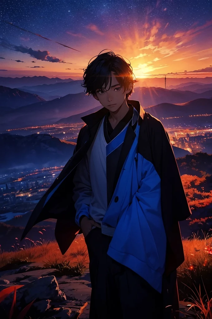 A young man gazing upwards at the sky, captivated by the celestial spectacle unfolding above. On the left, the sky is painted with hues of blue and purple, a soft luminescence of moonlight scattered with a few twinkling stars. On the right, the sun is setting in a blaze of red and orange, casting long shadows and leaving a faint glow on the horizon. The gradient between the two creates a breathtaking blend of colors, a perfect balance of light and darkness.