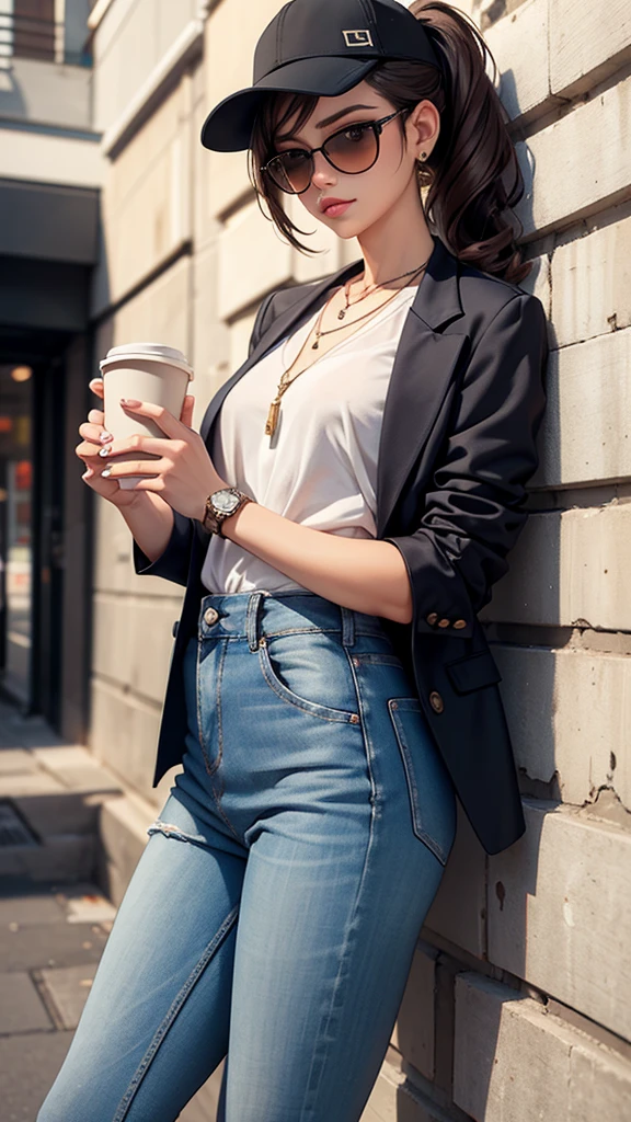 Pose: Woman leaning against a wall with one shoulder, legs crossed at the ankles.Expression: Confident and relaxed, with a slight smile or a thoughtful gaze.Attire: Trendy, stylish outfit such as a fashionable dress, a tailored blazer with jeans, or a chic jumpsuit.Hair: Styled in loose waves, a sleek bob, or an elegant ponytail.Makeup: Polished and modern, with a focus on the eyes and lips.Background: A contemporary urban setting, a stylish indoor space, or an artistic mural wall.Lighting: Soft, natural lighting that enhances her features and the texture of the wall.Accessories: Minimal yet chic, such as a stylish watch, a statement necklace, or trendy sunglasses.Props: Optional, such as a handbag, a hat, or a coffee cup to enhance the urban vibe.Mood: Stylish, confident, and effortlessly chic.