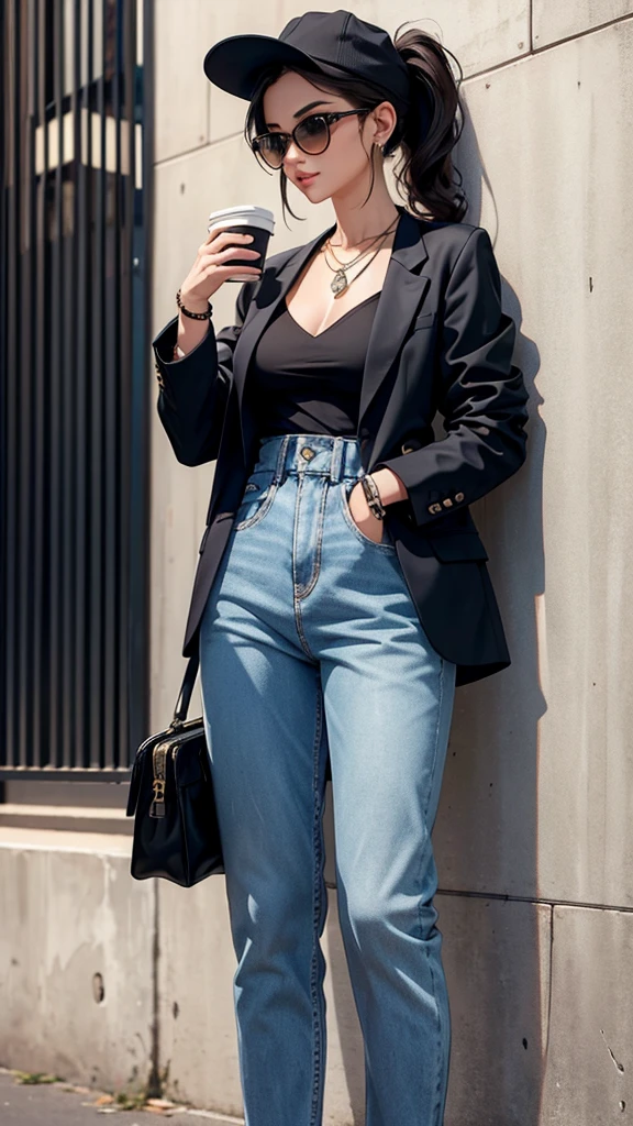 Pose: Woman leaning against a wall with one shoulder, legs crossed at the ankles.Expression: Confident and relaxed, with a slight smile or a thoughtful gaze.Attire: Trendy, stylish outfit such as a fashionable dress, a tailored blazer with jeans, or a chic jumpsuit.Hair: Styled in loose waves, a sleek bob, or an elegant ponytail.Makeup: Polished and modern, with a focus on the eyes and lips.Background: A contemporary urban setting, a stylish indoor space, or an artistic mural wall.Lighting: Soft, natural lighting that enhances her features and the texture of the wall.Accessories: Minimal yet chic, such as a stylish watch, a statement necklace, or trendy sunglasses.Props: Optional, such as a handbag, a hat, or a coffee cup to enhance the urban vibe.Mood: Stylish, confident, and effortlessly chic.