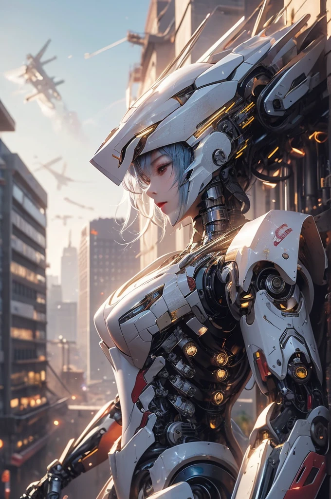A giant cyborg woman the size of a building, Cyborg robot with an old and worn-out atmosphere, mechanical face, circuits printed on the body, electrical wiring, blue hair, long hair, Fusion style of machine and fantasy female warrior concept, future city sf landscape,