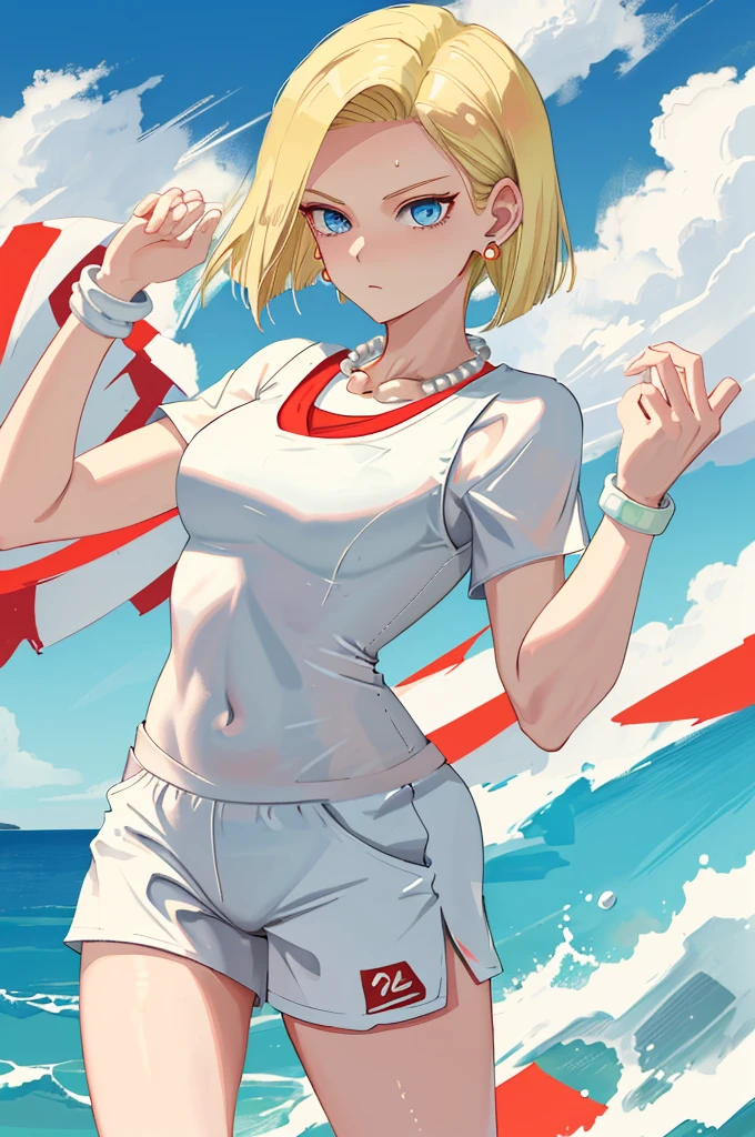 best quality, highres, and18, 1girl, android 18, solo girl, 1girl, blonde hair, blue eyes, sport sneakers, red and white volleyball uniform, pearl necklace, white lycra micro shorts, short hair, white lycra sport top, earrings, wrist sweat bands, medium breasts, cowboy shot, sea shore, straight-on, (weather: and windy), wet body, wet shirt, cute smile, combat stance, thigh high socks, volleyball field, garter belt,