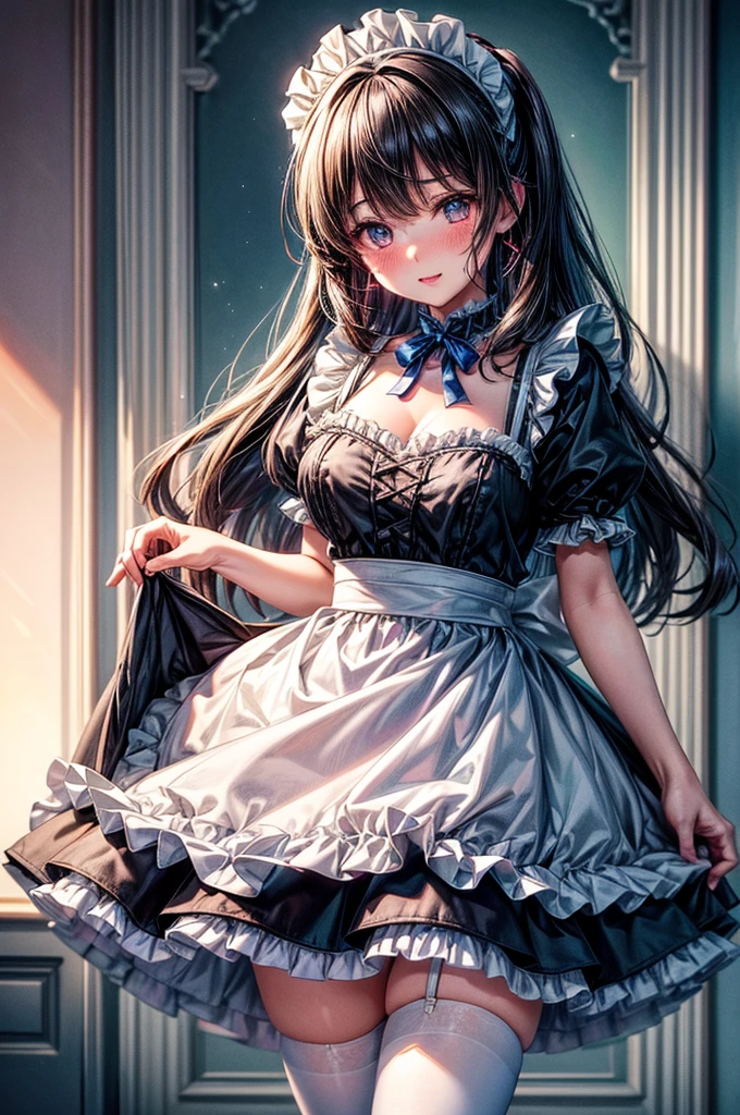 Arafed image of a beautiful girl dressed as a maid and white stockings posing for a photograph, anime girl, royal blue maid uniform with miniskirt and ruffles, short sleeves, choker with a blue bow, white apron, low-cut chest, large round breasts, colored inner hair, dark brown hair, bangs, long hair, ponytail, wavy hair, swept bangs, shiny hair, hairclip, hair ribbon, maid headdress, butterfly hair ornament, aqua eyes, glowing eyes, pupils sparkling, earrings, shy, blush, red lips, glossy lips, teeth, nose blush, embarrassed, (standing, modern mansion, skirt lift), full body, defined and perfect body, high detail, anime, anime style, chiaroscuro, depth of field, dithering, image fill, framed, wide shot, panorama, perspective, lens flare, Wide-Angle, f/1.8, 85mm, Nikon, 8k, super detail, UHD, retina, masterpiece, accurate, anatomically correct, high details, best quality, highres, 1080P, 16k