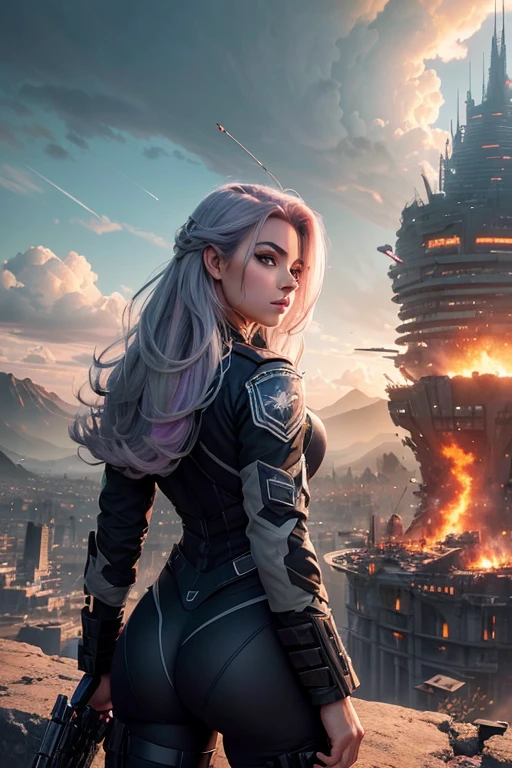 (best quality, Artwork), realisitic, a beautiful woman dressed as a soldier, combat suit, recruit girl, recruit survival, (hypercauda, silver hair, Cabelo em chamas, multicolored hair, colored inner hair, hair slicked back, very medium hair), thick-thighs, skin fair, rosy cheeks, mascara, water eyes, long eyelashes, eyeliners, eyeshadows, Lábios em chamass, eyeshadows, evening makeup, hourglass-body, ((recruit soldier costume, recruitment suit), gray light, twinkling, cloth suit, Fishing Net,, gray light, em chamas, high-detailed face, (twilight sky, buildings on the mountain, clouds, Floating island with many destroyed sci-fi buildings as a backdrop), high details background, Fantasyart, black and violet color scheme, war mixed with realism, Apocalyptic Art Style, enchanting, standing pose, all-body, (From above)