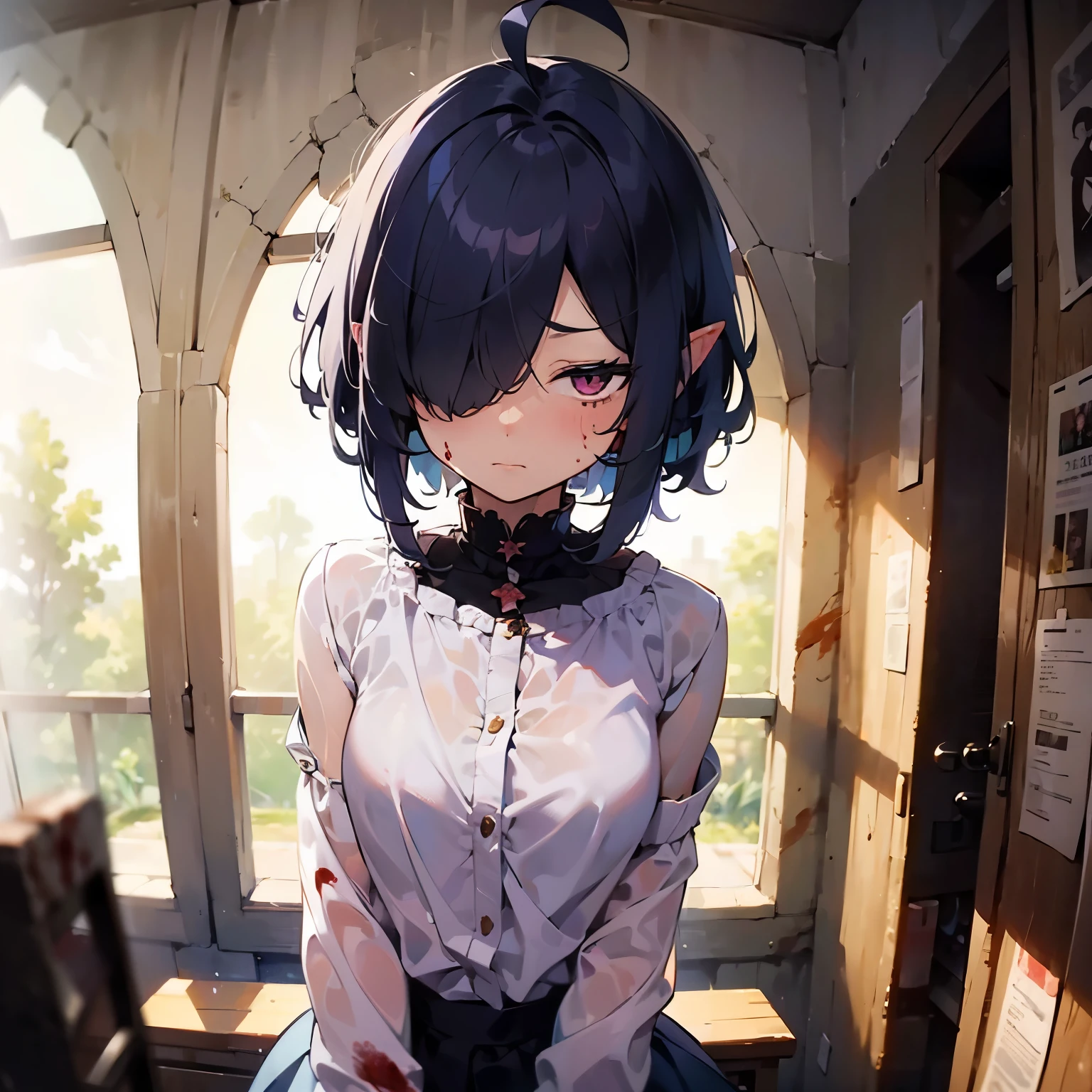 ((1girl)), greyish-blue hair, short hair, ((hair over one eye)), (small ahoge), elf ears, angel wings, (pink eyes), high quality, dim, dramatic lighting, focus on face, ((looking away from the viewer)), (frowning expression), dark atmosphere, (fisheye), (blood on cheek), injuries