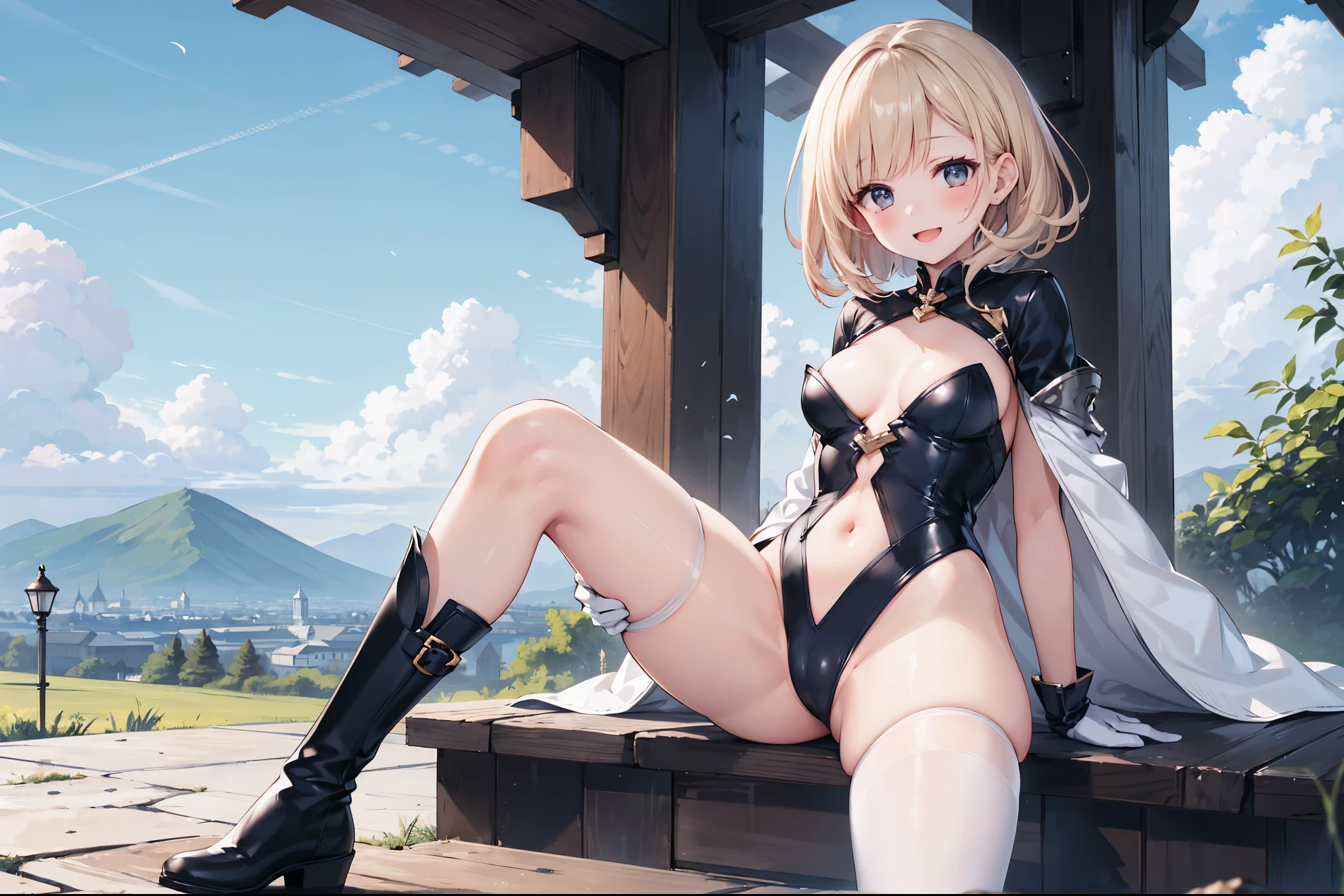 GRANBLUEfantasy,ung_teeirl,brown_hair,medium_bob_hair,platina_blond_hair,white_leotard,covered_crotch,thigh-highs,smile,standing,bluesky_landscape_background,slightly_spread_legs,happiness, short_gloves ,solo, r18, navel,relicbuster,short,boots,open_mouth,sitting,knees,blush,shy,piledriver,(crotch:1.3)