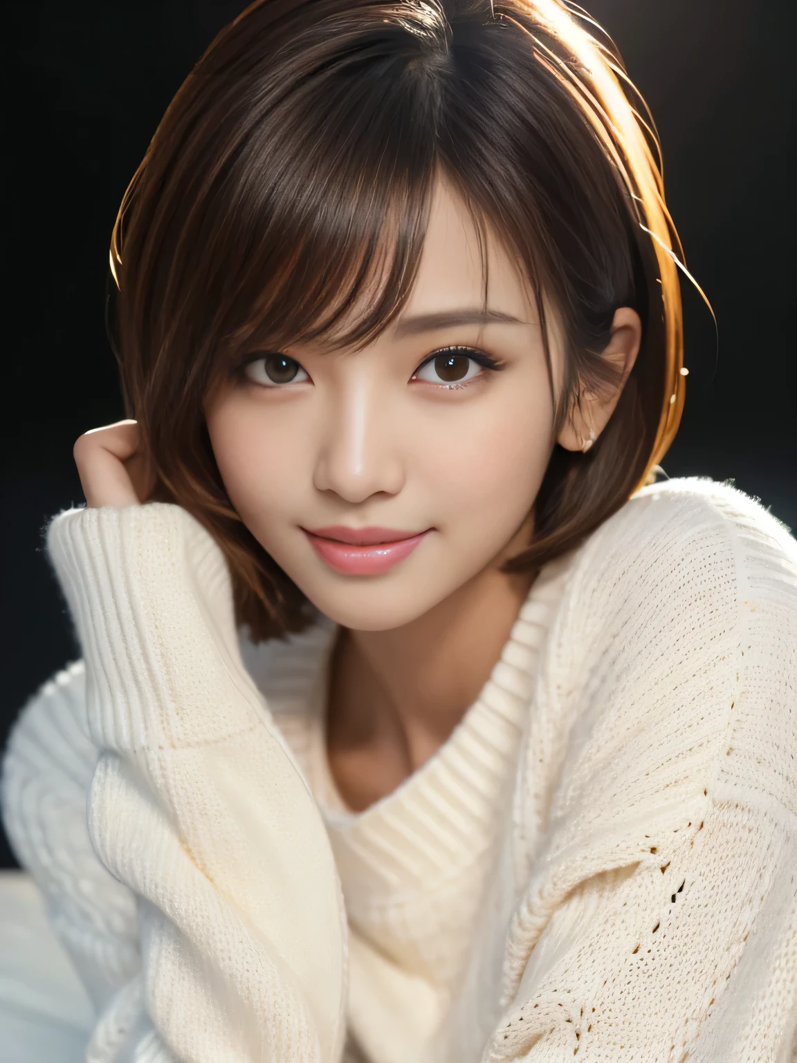 masterpiece, best quality, ultra-detailed, intricately detailed hyperdetailed, realistic, sharp features, highly detailed, sharp focus, 19years old, perfect face, perfect face, perfect symmetrically perfect eyes, perfect full lips, flexible female form, cinematic, film light, hyper detailed, hyper realistic, high resolution, vibrant, dynamic studio lighting, ((Dark background)), (seductive smile), short hair, straight Bangs, brown Eyes, White sweater, cowboy shot,