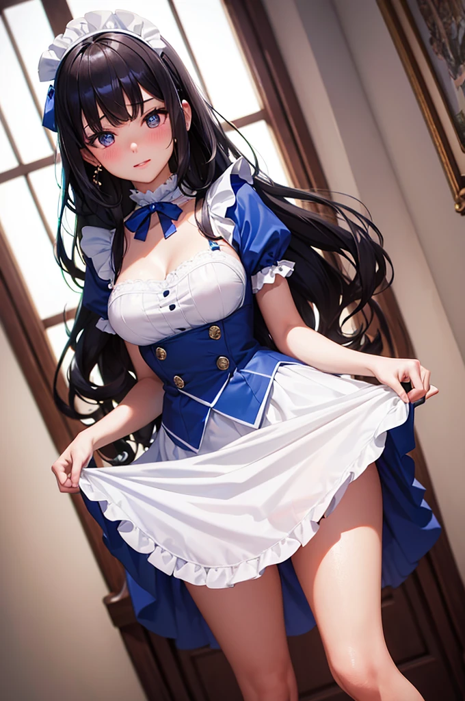 Arafed image of a beautiful girl dressed as a maid and white stockings posing for a photograph, anime girl, royal blue maid uniform with miniskirt and ruffles, short sleeves, choker with a blue bow, white apron, low-cut chest, large round breasts, colored inner hair, dark brown hair, bangs, long hair, ponytail, wavy hair, swept bangs, shiny hair, hairclip, hair ribbon, maid headdress, butterfly hair ornament, aqua eyes, glowing eyes, pupils sparkling, earrings, shy, blush, red lips, glossy lips, teeth, nose blush, embarrassed, (standing, modern mansion, skirt lift), full body, defined and perfect body, high detail, anime, anime style, chiaroscuro, depth of field, dithering, image fill, framed, wide shot, panorama, perspective, lens flare, Wide-Angle, f/1.8, 85mm, Nikon, 8k, super detail, UHD, retina, masterpiece, accurate, anatomically correct, high details, best quality, highres, 1080P, 16k