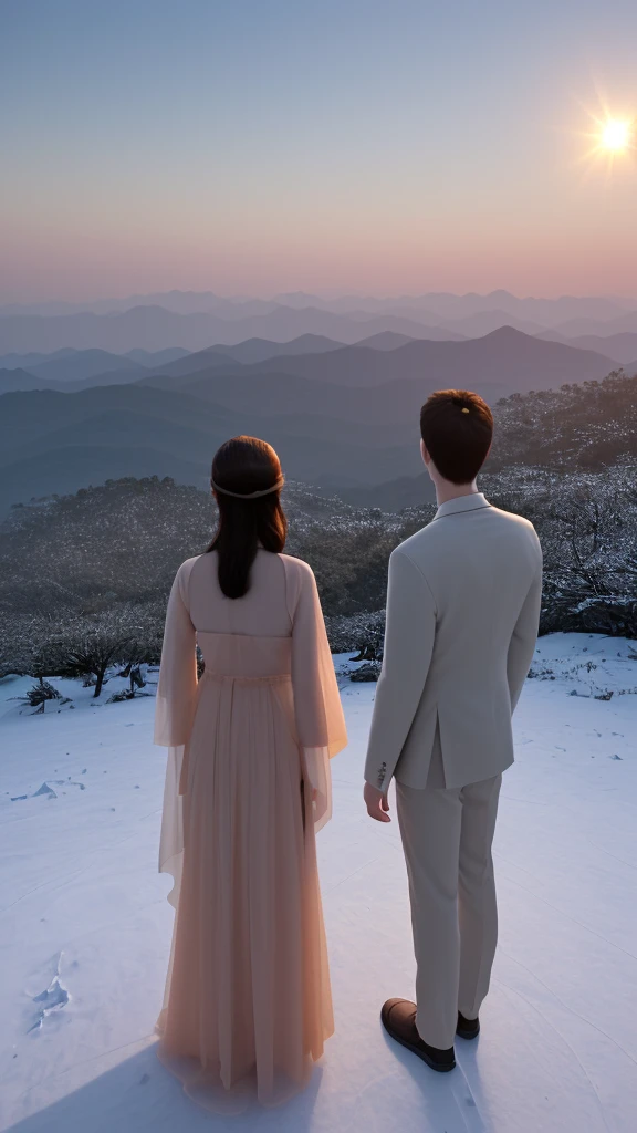 Back view of young man and woman，Standing on the mountain top，people々is particularly small，Look at the sun，Morning Glow, dawn, moon, 