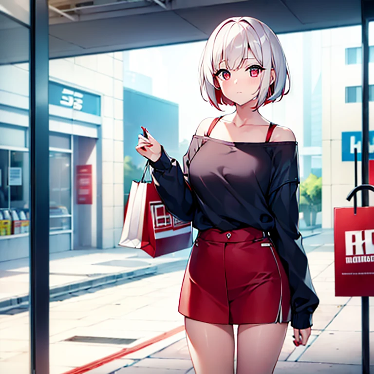 (girl)(white short hair)(red eyes)(shopping)4K