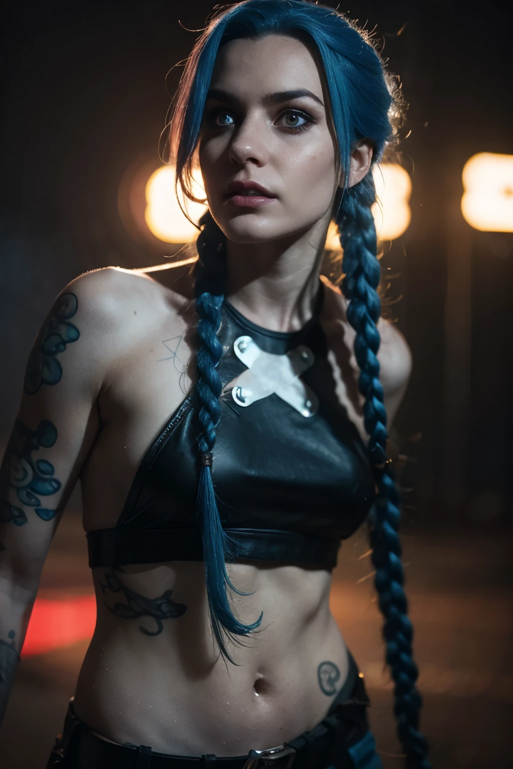 Hyper realistic super detailed Jinx cosplay , Very detailed, (hyper realistic: 1.4), in dynamic pose, angry face, twin braids, long hair, blue hair, red eyes, tattooed arm , ((Crazy face)), arcane style. ((Grunge Neon grafitti background, smoke, cinematic lighting)).