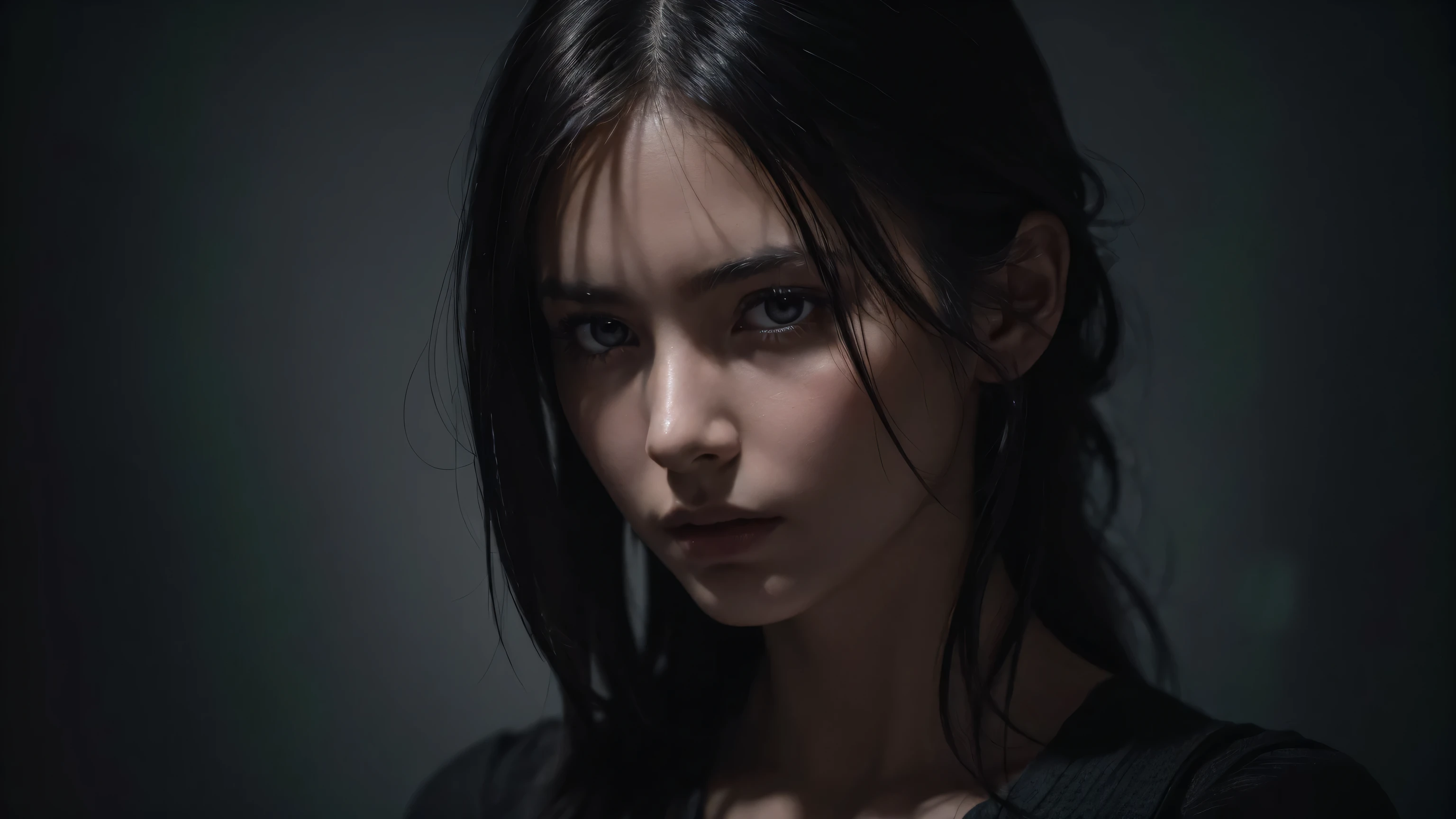 a glowing girl with dark hair looking at the viewer, upper body, facing the viewer, limited color palette, dark background, (best quality,4k,8k,highres,masterpiece:1.2),ultra-detailed,(realistic,photorealistic,photo-realistic:1.37),digital painting,dramatic lighting,chiaroscuro,moody,cinematic,dark and mysterious