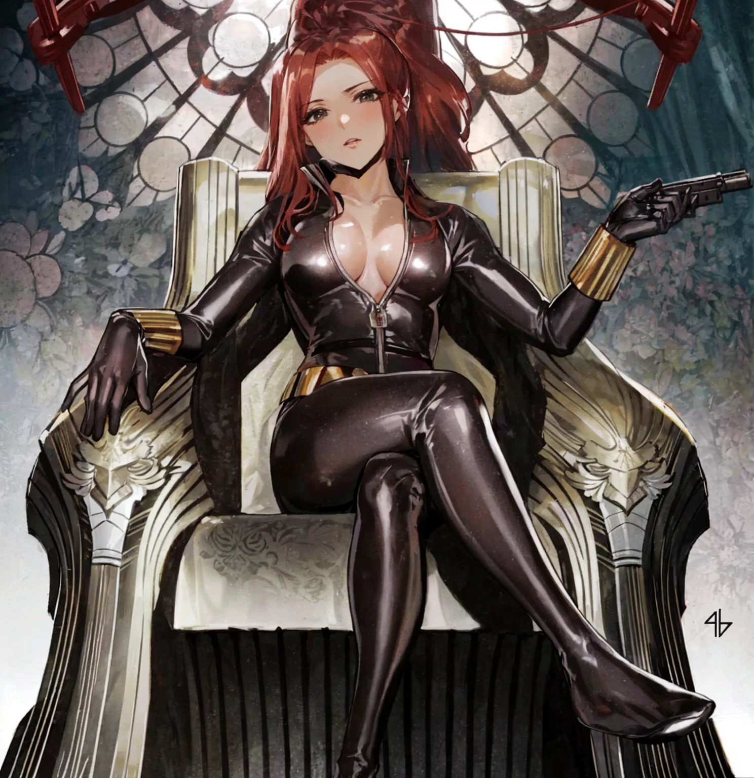 The image depicts a red-haired girl sitting on a throne. She sports a sleek skin-tight shiny black latex bodysuit with a deep-cut zipper neckline revealing a large chest, the silver zipper running down the front. The suit is complemented by her golden wrist guard on both wrists and a belt of shiny golden circles around her waist. The girl is portrayed as holding a gun in each of her hands, highlighting a sense of power and assertiveness. The backdrop consists of architectural features and the colour palette predominantly includes shades of gray.