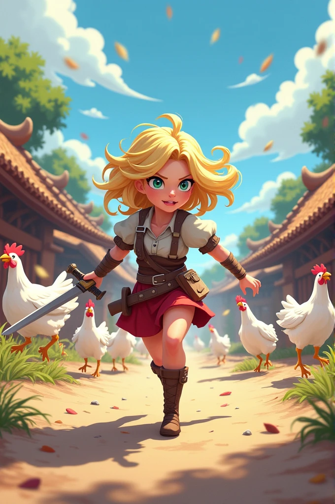 Pixel art in waifu girl style of a gorgeous blonde warrior with a sword, running at high speed with motion blur. She is being chased by a swarm of angry, flying white chickens in a village. Capture a dynamic, game cover feel with speed and dash effects