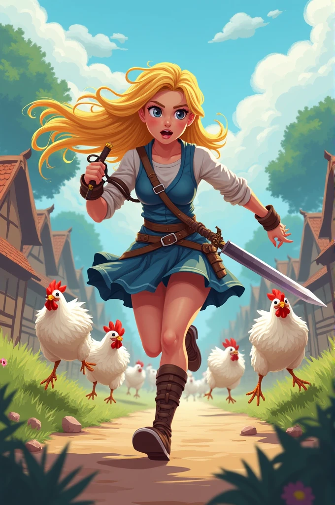 Pixel art in waifu girl style of a gorgeous blonde warrior with a sword, running at high speed with motion blur. She is being chased by a swarm of angry, flying white chickens in a village. Capture a dynamic, game cover feel with speed and dash effects