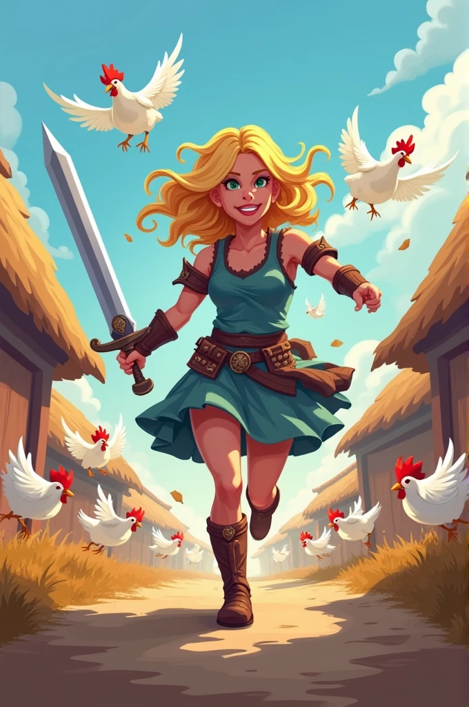 Pixel art in waifu girl style of a gorgeous blonde warrior with a sword, running at high speed with motion blur. She is being chased by a swarm of angry, flying white chickens in a village. Capture a dynamic, game cover feel with speed and dash effects