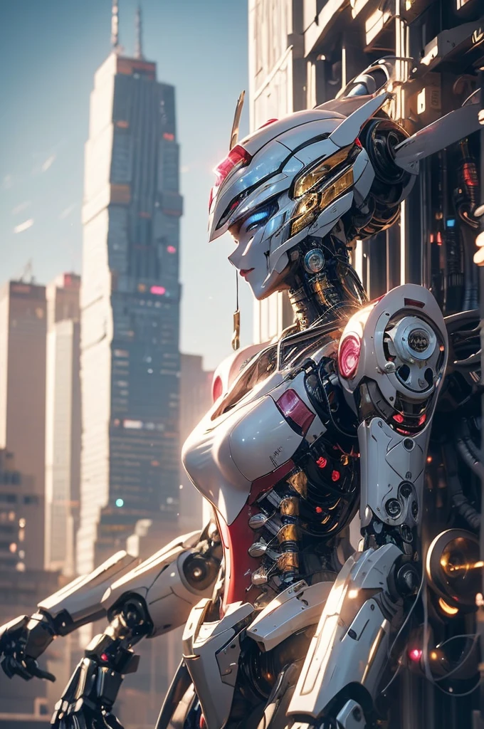 Cyborg woman taller than a skyscraper, Cyborg robot with an old and worn-out atmosphere, mechanical face, fighting pose, circuits printed on the body, electrical wiring, blue hair, long hair, Fusion style of machine and fantasy female warrior concept, future city sf landscape