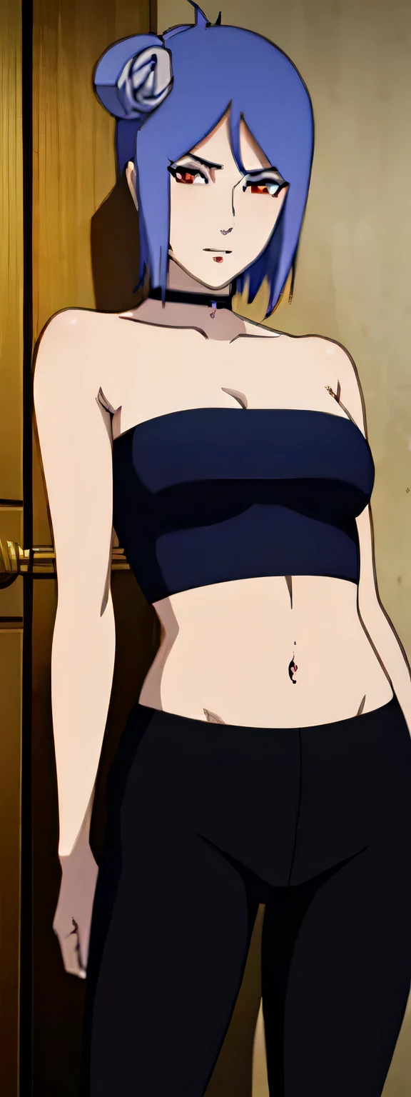 Konan, blue hair, short hair, flower in hair, orange beautiful eyes, beautiful eyes, blush, smiling, shy, black basic simple tube top, exposed shoulders, medium chest, exposed navel, exposed abdomen, shiny, shiny belly, sexy belly, bellybutton piercing, extremely low-rise leggings, black basic simple seamless leggings, youthful, slim, slender, voluptuous, vivacious, beautiful, gorgeous, attractive, stunning, digital, masterpiece, 2d, high quality, highly detailed, looking at viewer, presenting, wall background, resting on wall, cowboy shot, close view, babe, sexy body, narrow waist, 2d anime,