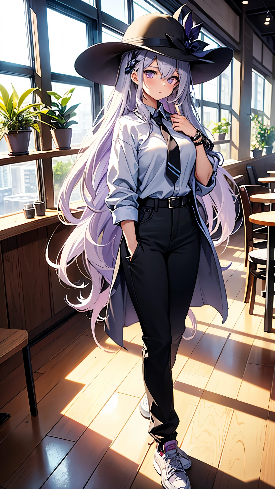 Hair is Light lavender hair, styled in a side braid with loose strands framing the face, featuring star-shaped hair clips on the left side. The character is wearing a black fedora hat. Eyes is Large, expressive purple eyes with star-shaped reflections. Skin is Fair complexion with a soft blush on the cheeks. Top is White cropped shirt with short sleeves, featuring a black floral design on the right side, and a black necktie loosely tied around the neck. Bottom is High-waisted, loose-fitting white pants with multiple pockets and a black belt. Accessories are Multiple silver bracelets on both wrists. Footwear is White sneakers.
Background is Inside a modern café with large glass windows, wooden floors, and indoor plants.
